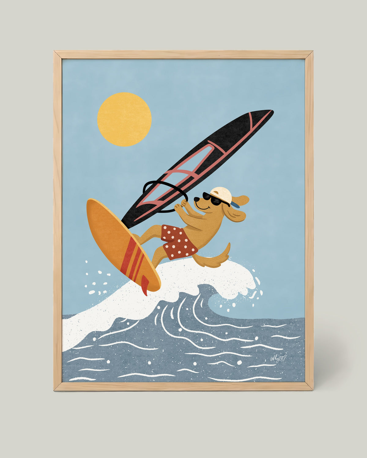 Windsurf Dog Poster framed in a natural wood frame