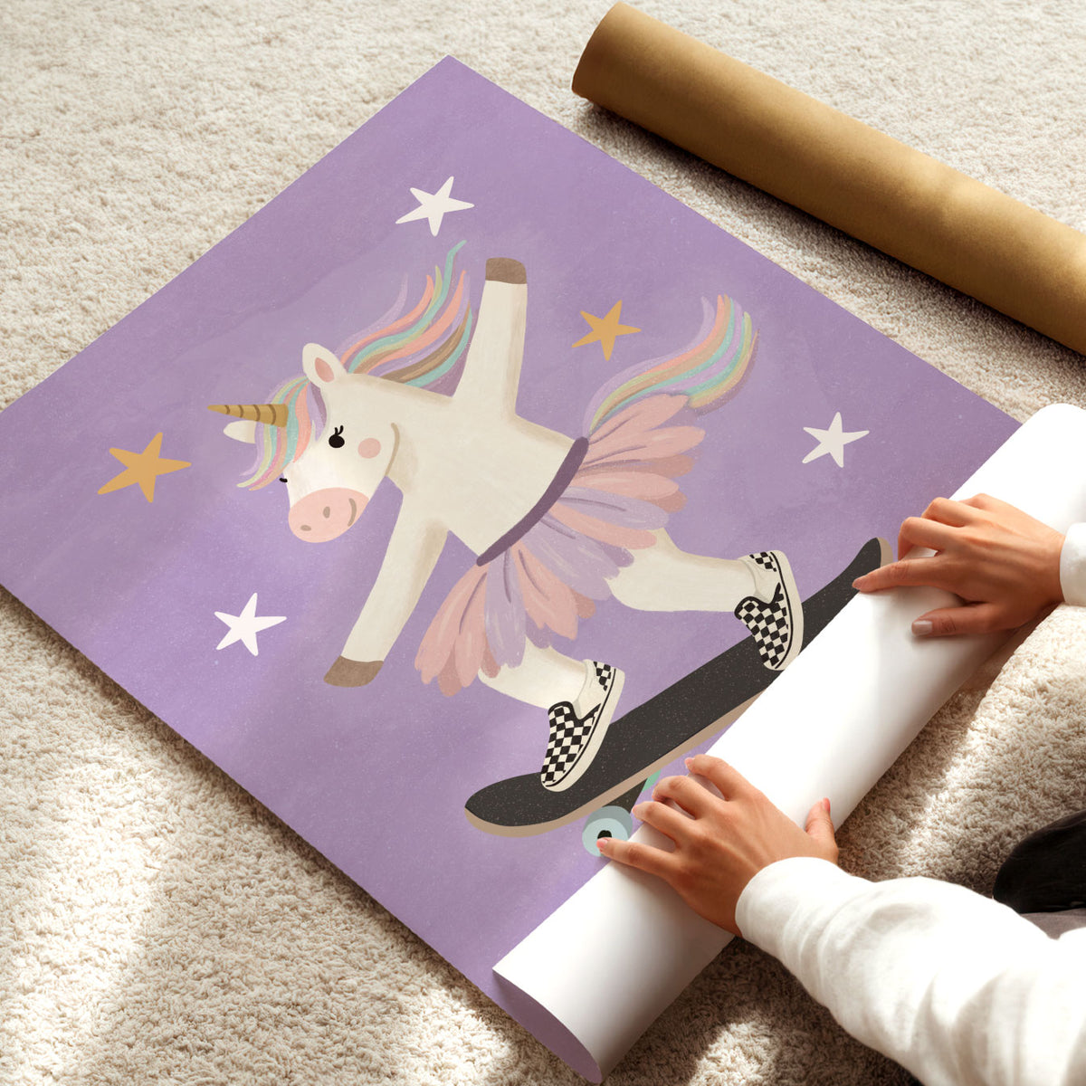 Illustrated poster of a unicorn in a tutu and checkerboard trainers riding a skateboard on purple