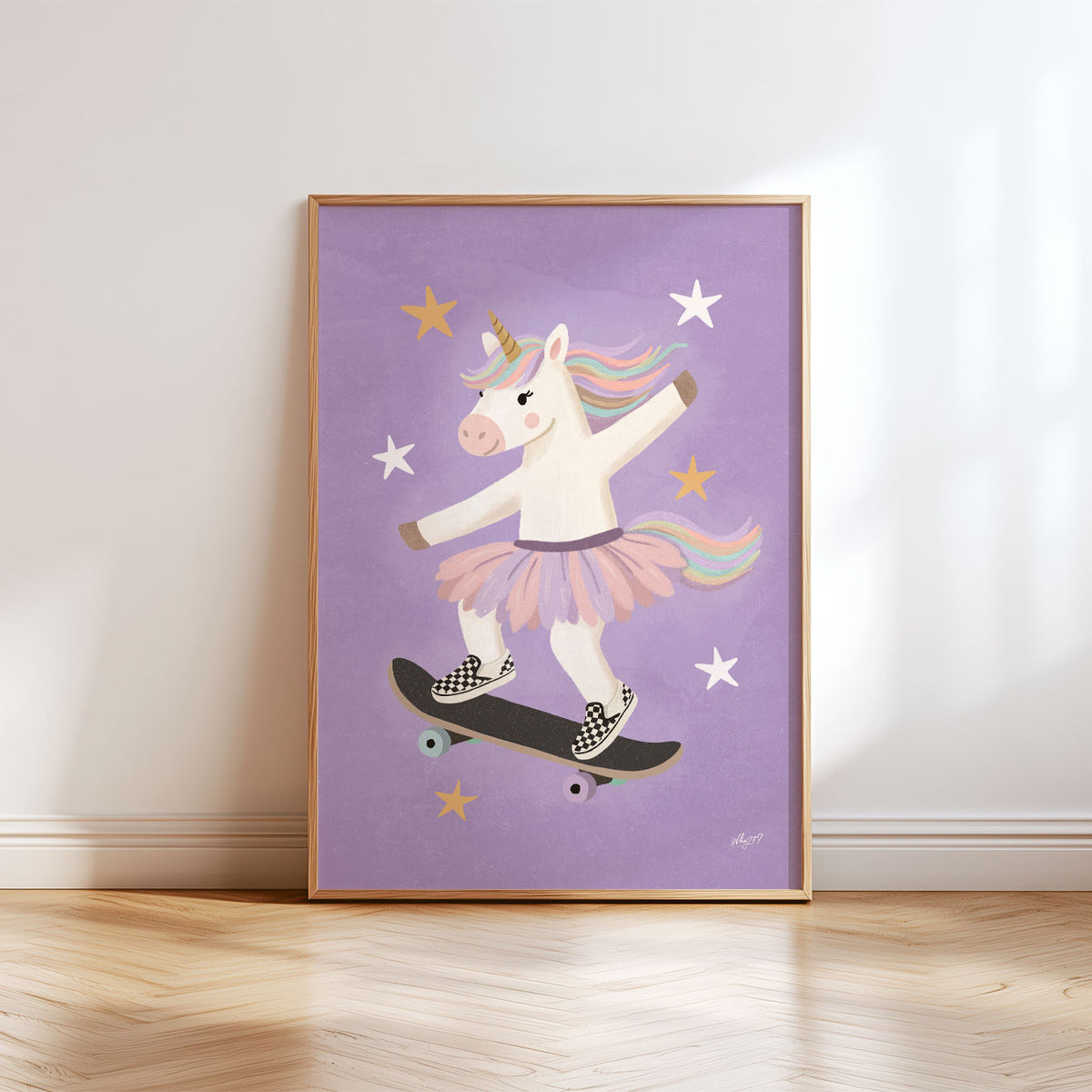 Illustrated poster of a unicorn in a tutu and checkerboard trainers riding a skateboard on purple