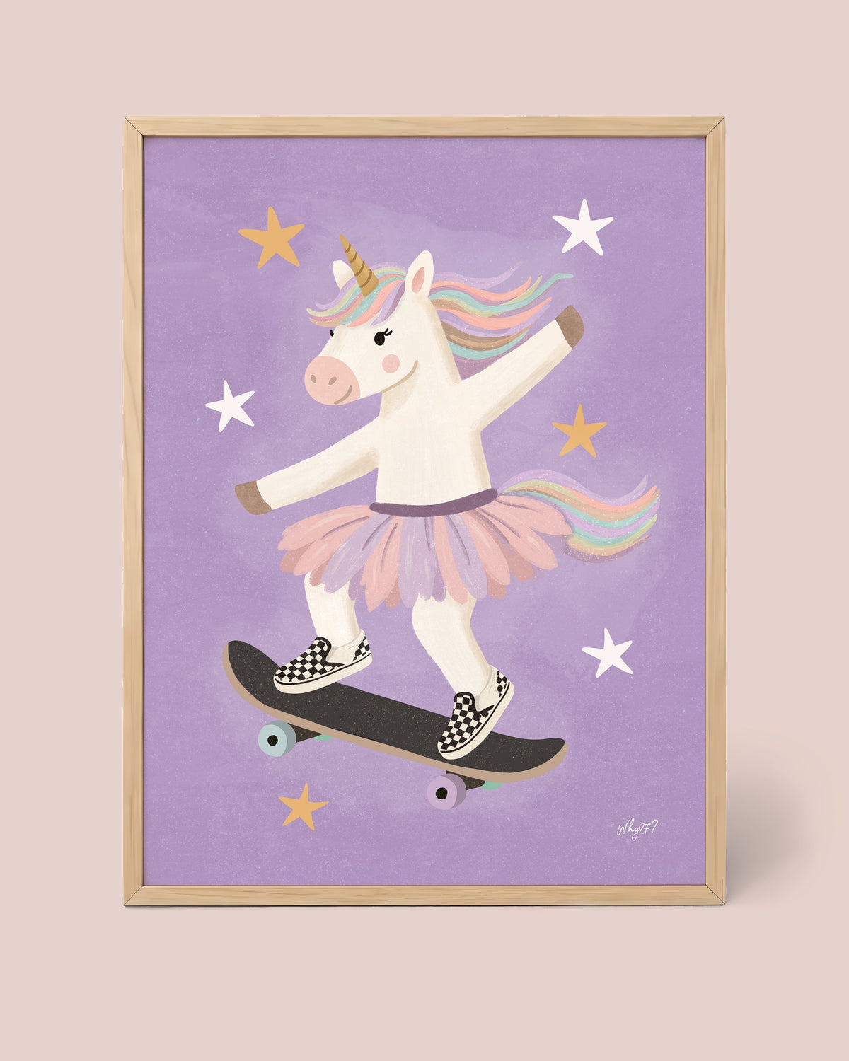Skater Unicorn Tutu Poster framed in a natural wood frame