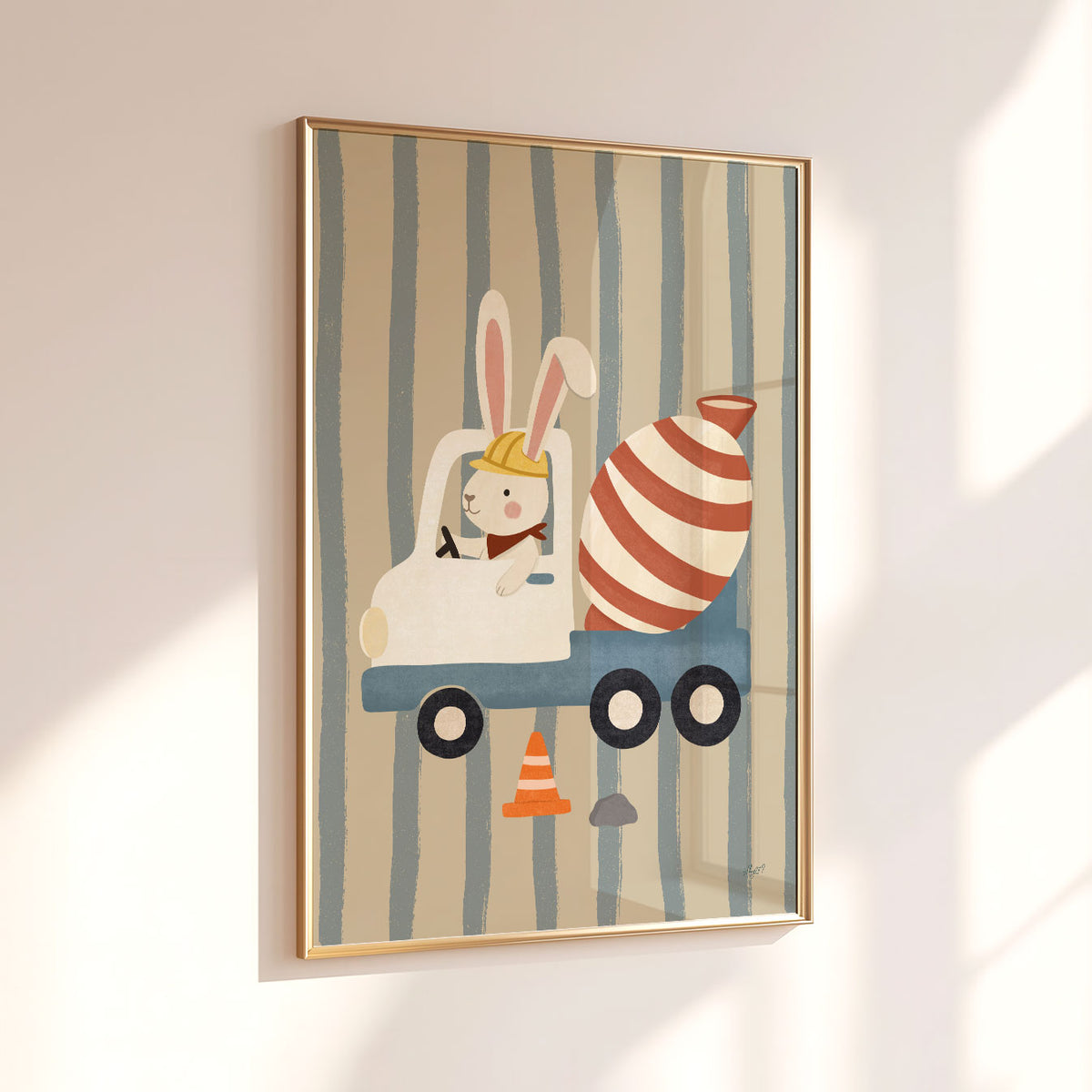 Illustrated poster of a bunny in a hard hat driving a striped cement mixer truck on a striped background