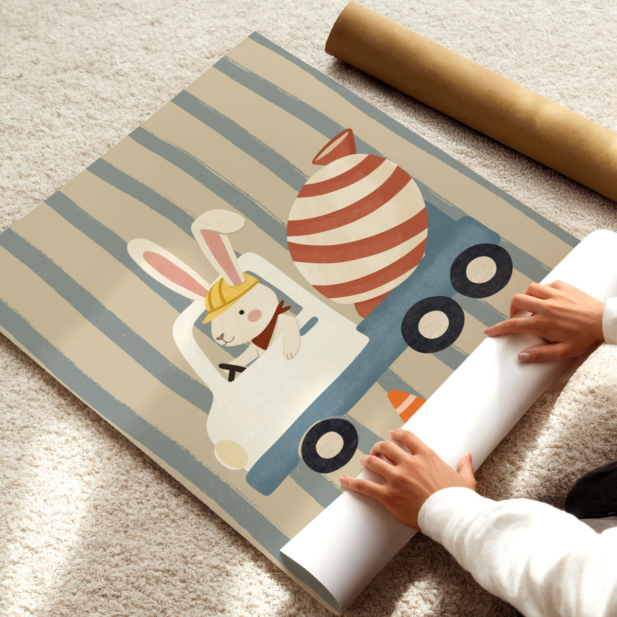 Illustrated poster of a bunny in a hard hat driving a striped cement mixer truck on a striped background