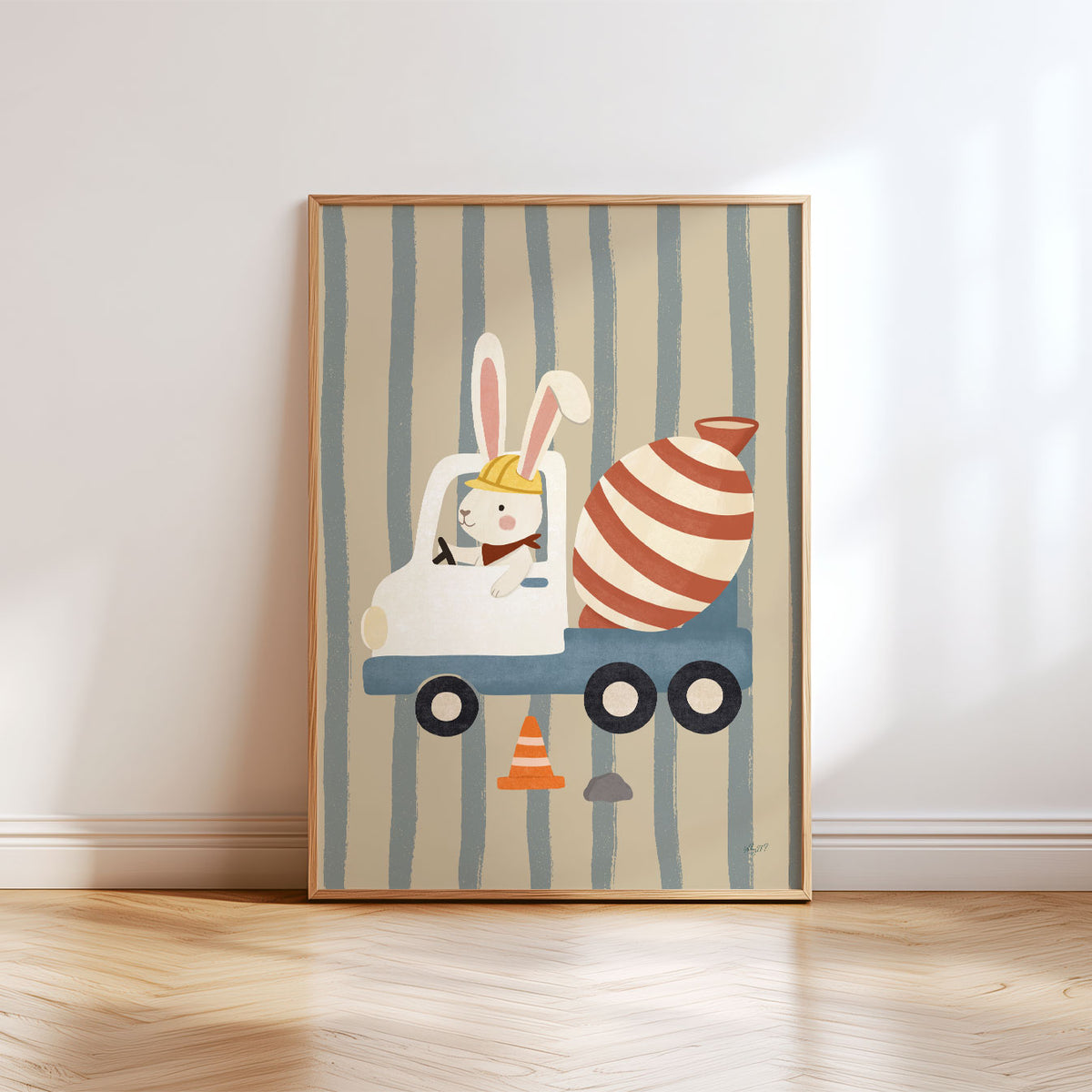 Illustrated poster of a bunny in a hard hat driving a striped cement mixer truck on a striped background