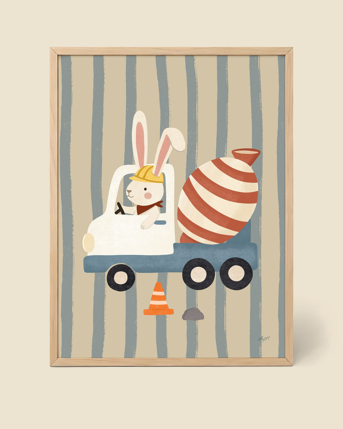 Bunny Cement Mixer Poster framed in a natural wood frame