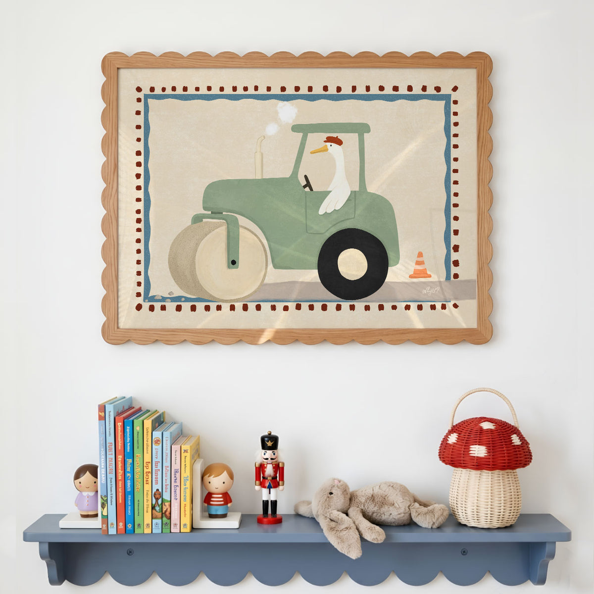 Illustrated poster of a goose in a beret driving a sage green steamroller with steam rising and a traffic cone beside the road