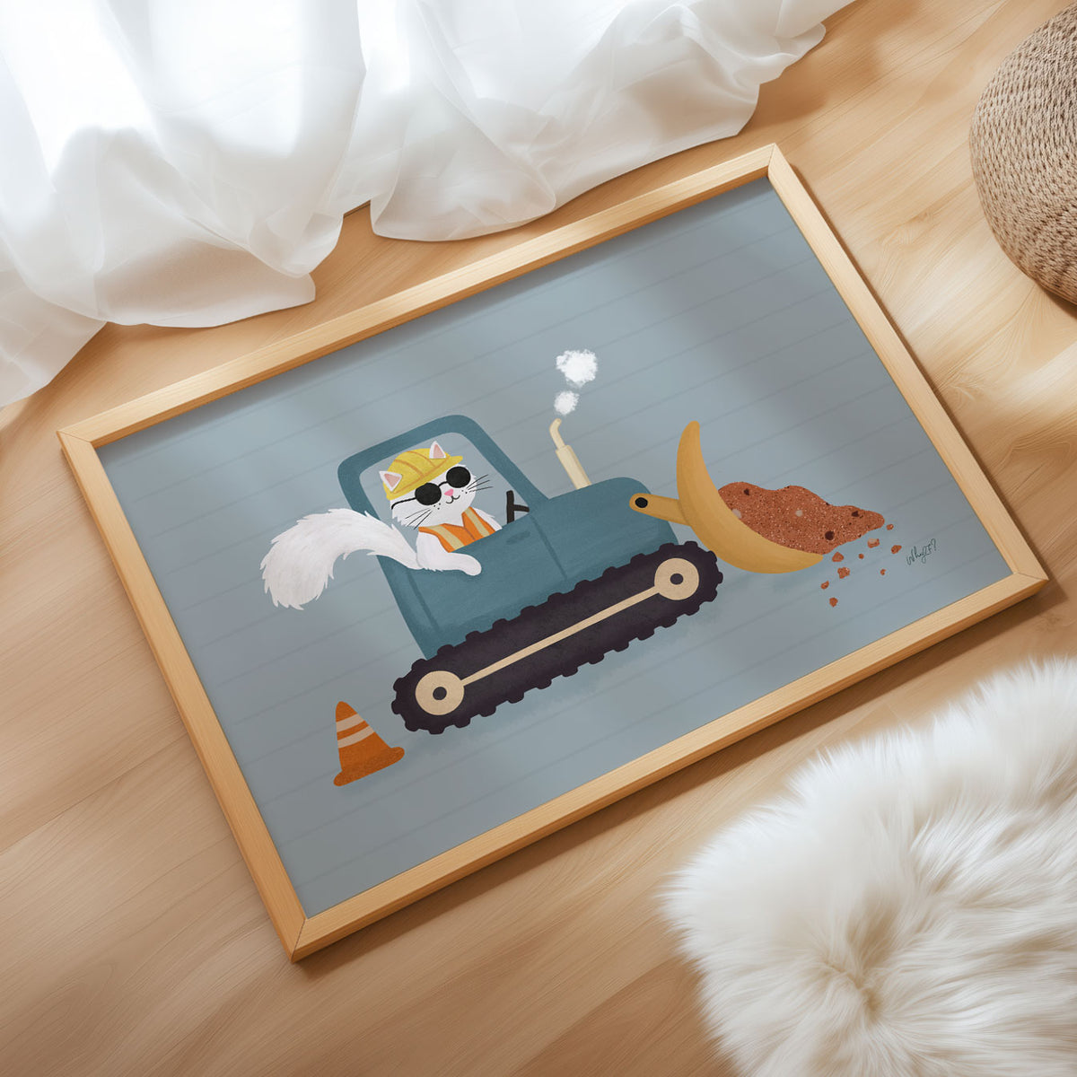 Illustrated poster of a cat in sunglasses and a hard hat driving a teal bulldozer with a scoop of dirt and a traffic cone beside it
