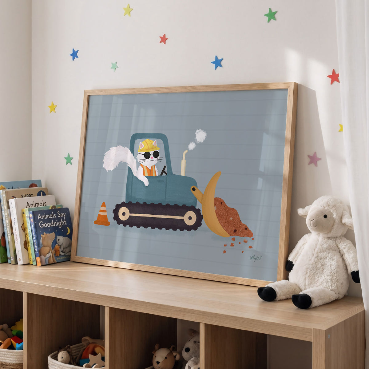 Illustrated poster of a cat in sunglasses and a hard hat driving a teal bulldozer with a scoop of dirt and a traffic cone beside it