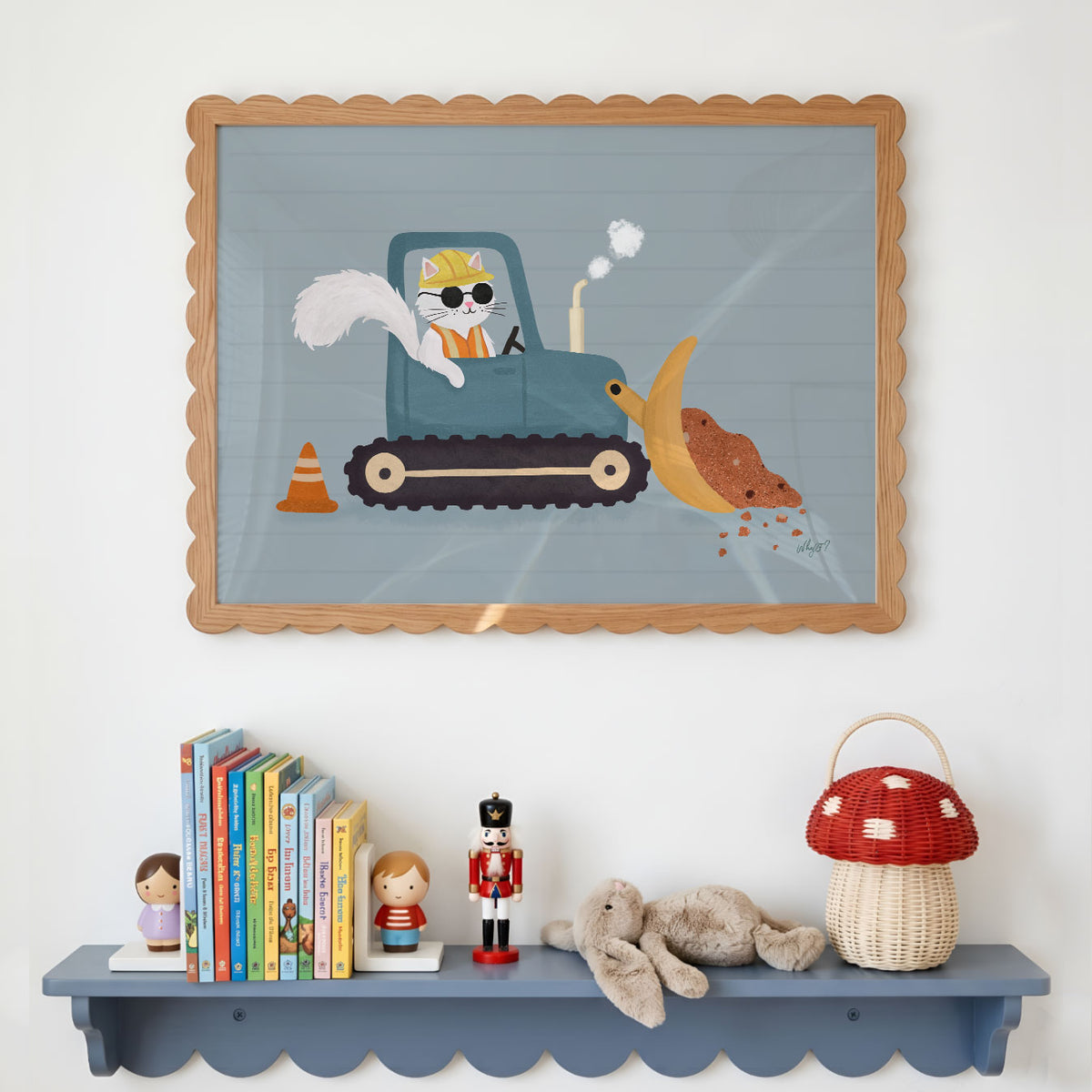Illustrated poster of a cat in sunglasses and a hard hat driving a teal bulldozer with a scoop of dirt and a traffic cone beside it