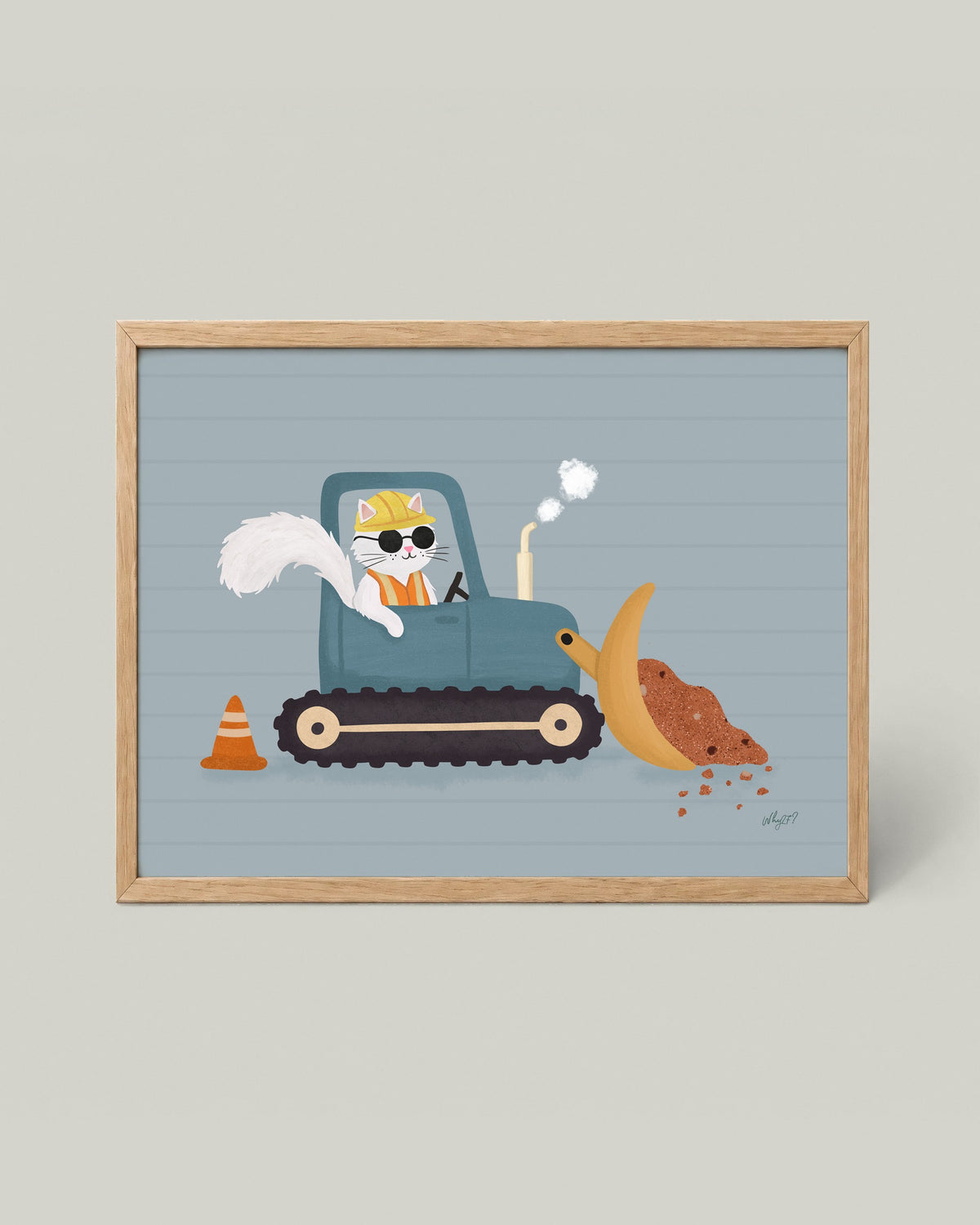 Bulldozer Cat Poster framed in a natural wood frame