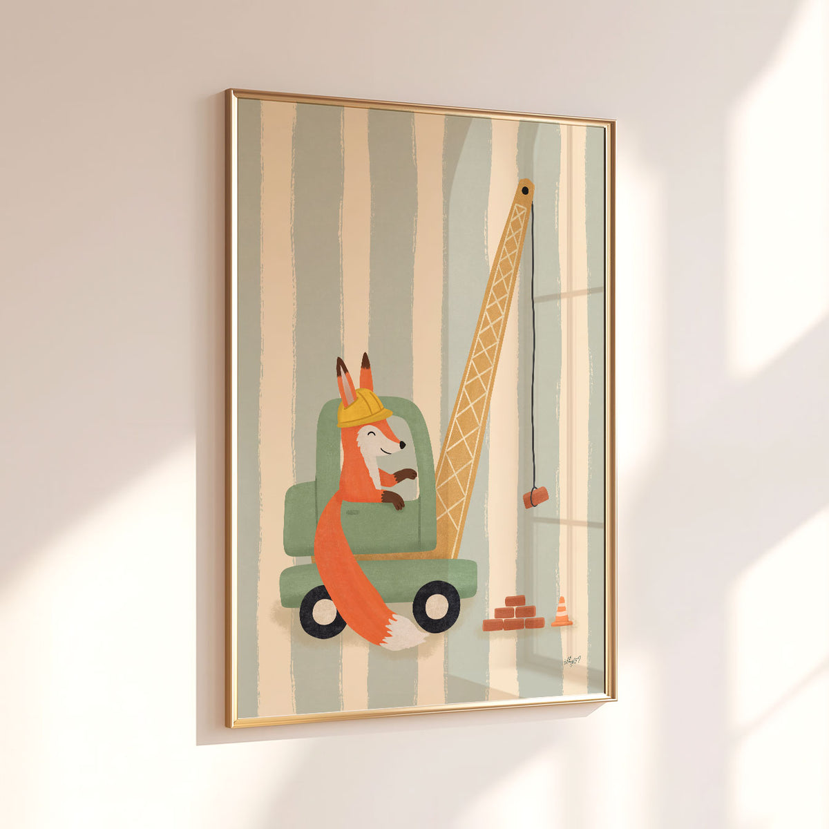 Illustrated poster of a fox in a hard hat driving a green crane lifting a brick on a striped background