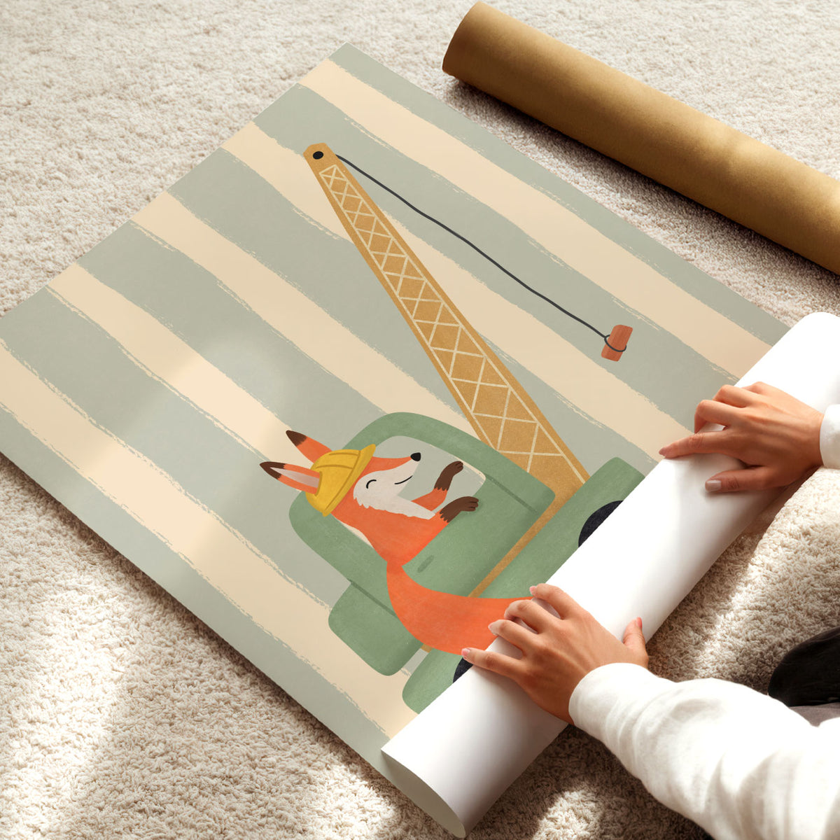 Illustrated poster of a fox in a hard hat driving a green crane lifting a brick on a striped background