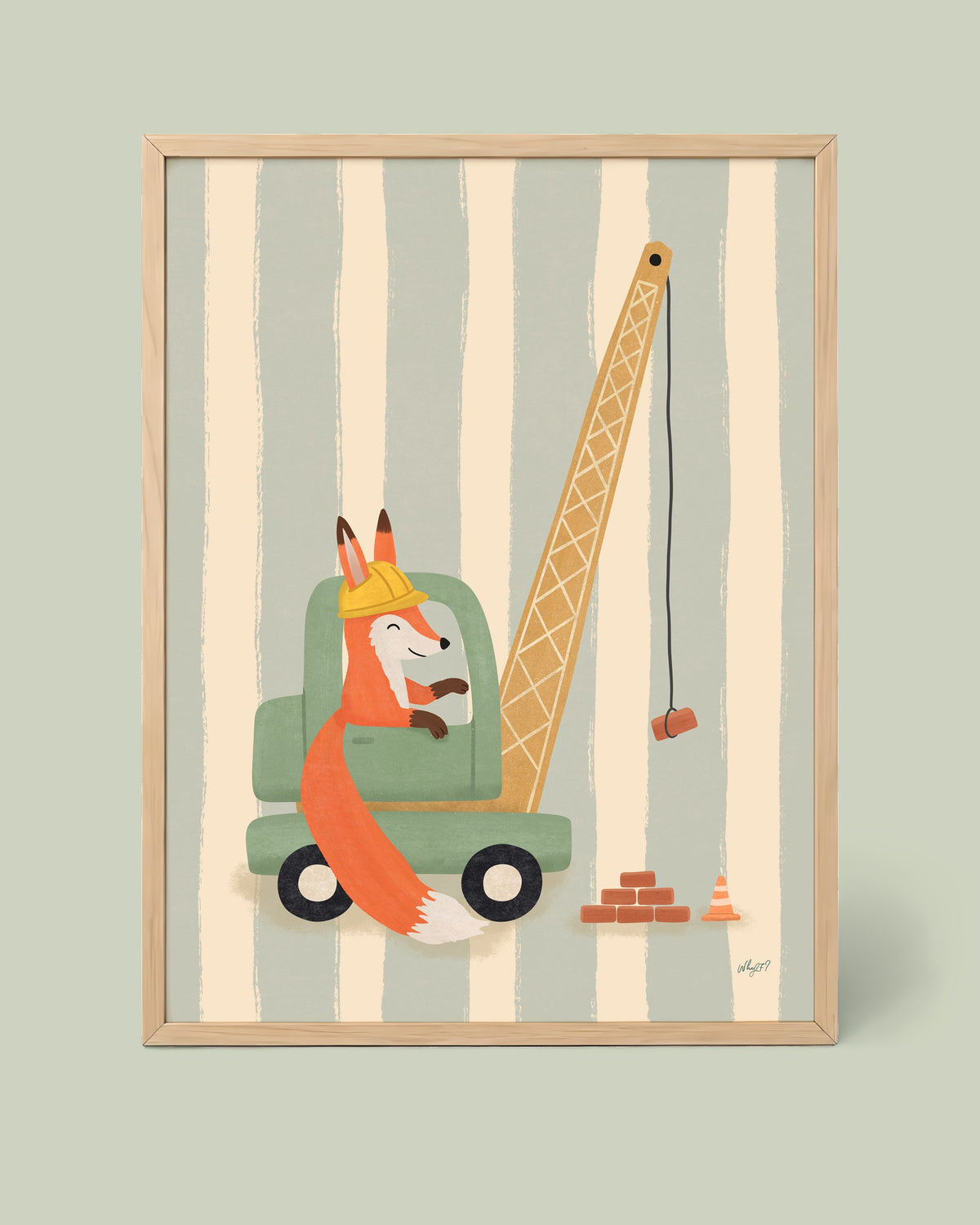 Crane Fox Poster framed in a natural wood frame
