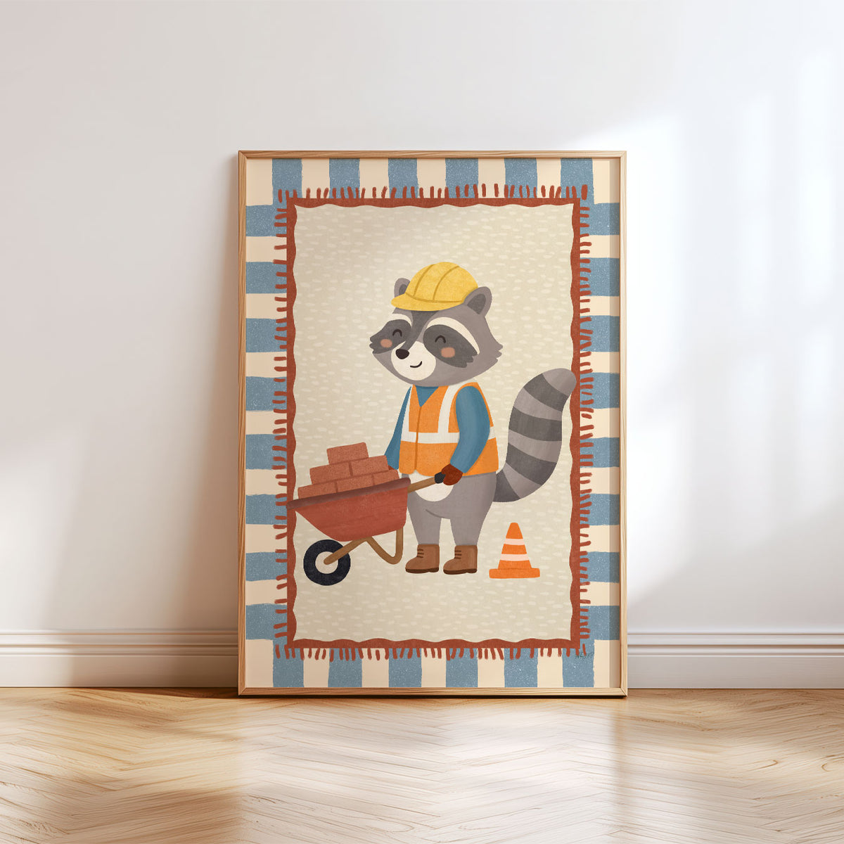 Illustrated poster of a raccoon in a hard hat and hi-vis vest pushing a wheelbarrow full of bricks