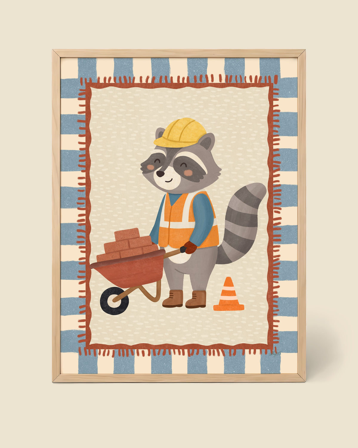 Builder Raccoon Poster framed in a natural wood frame