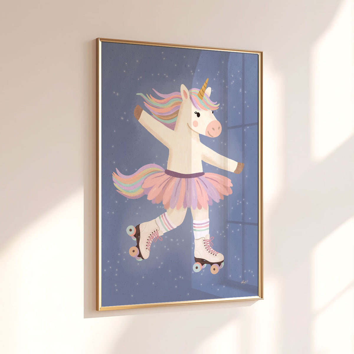 Illustrated poster of a unicorn in a tutu and roller skates gliding across a starry navy sky