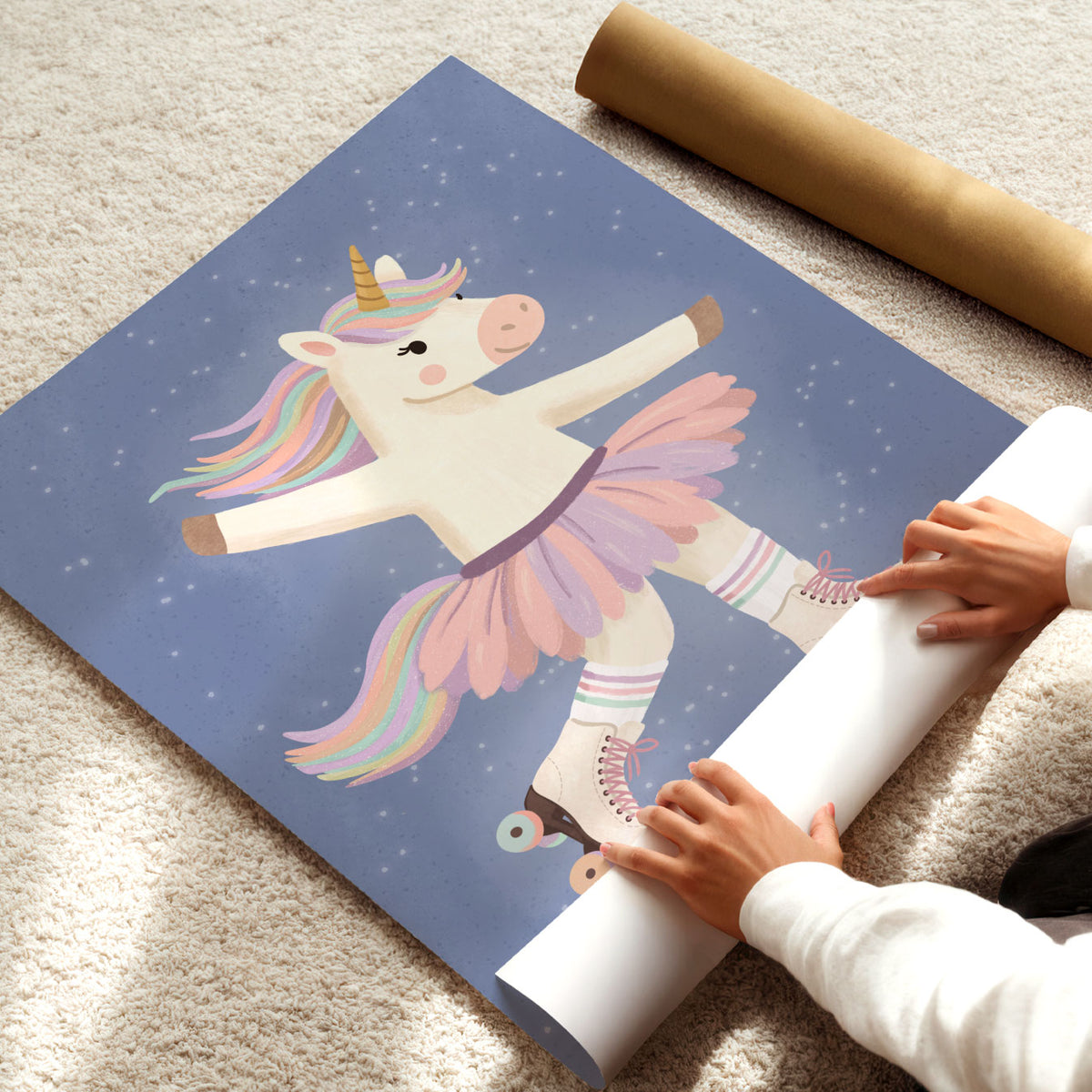 Illustrated poster of a unicorn in a tutu and roller skates gliding across a starry navy sky