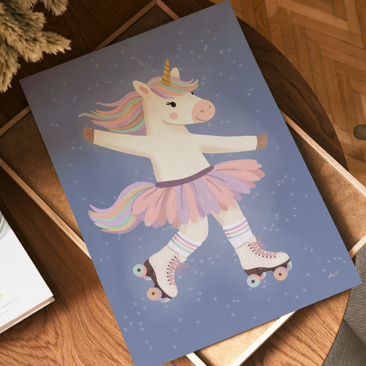 Illustrated poster of a unicorn in a tutu and roller skates gliding across a starry navy sky