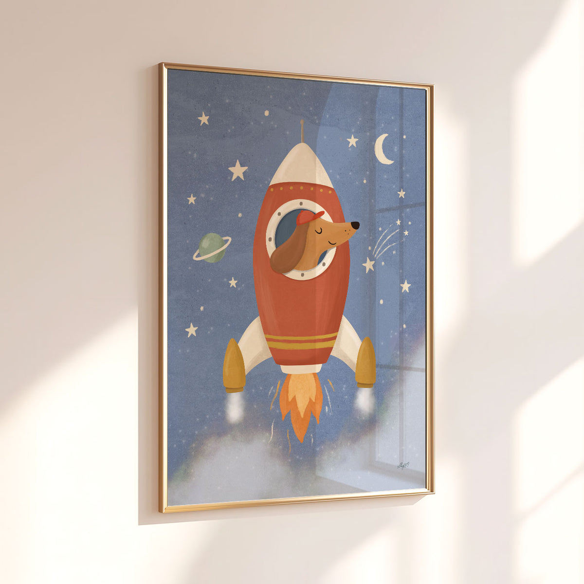 Illustrated poster of a dachshund in a red cap flying a rocket through a starry blue sky