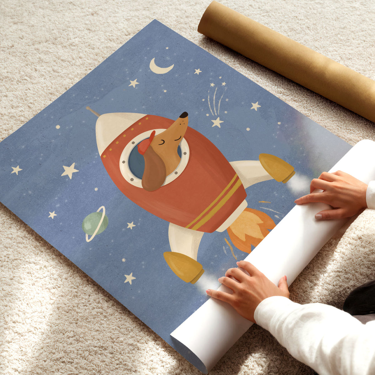 Illustrated poster of a dachshund in a red cap flying a rocket through a starry blue sky