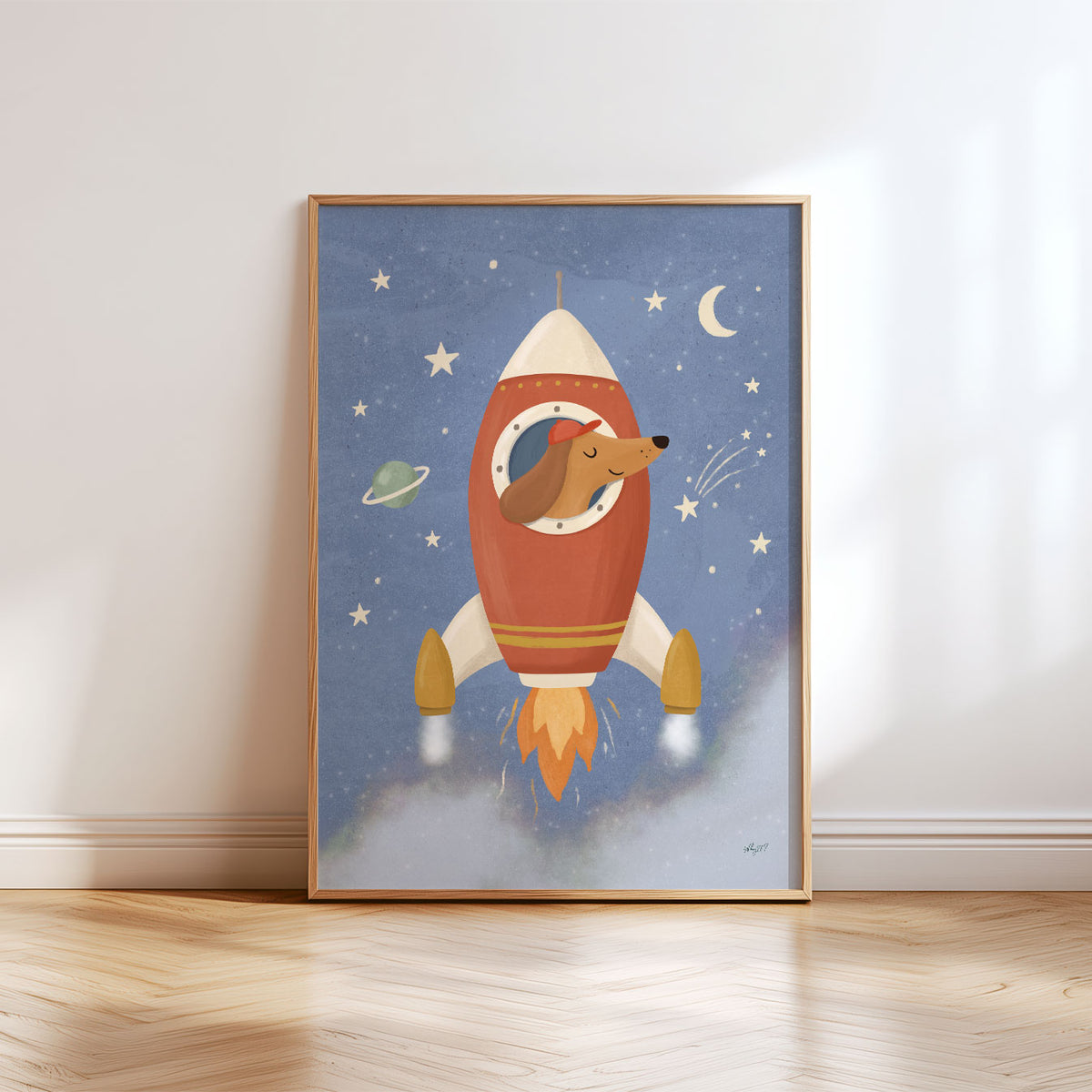 Illustrated poster of a dachshund in a red cap flying a rocket through a starry blue sky