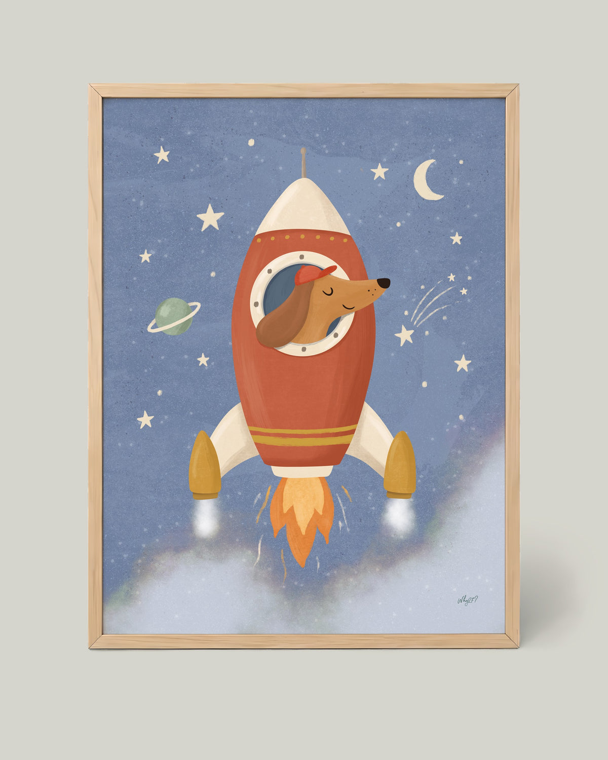 Rocket Dog Poster framed in a natural wood frame
