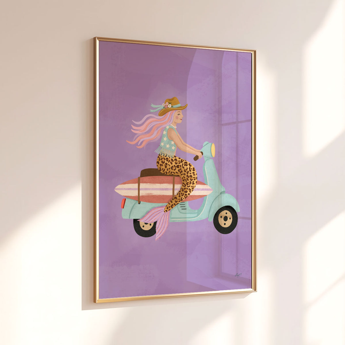 Illustrated poster of a mermaid riding a mint scooter with a surfboard on a purple background