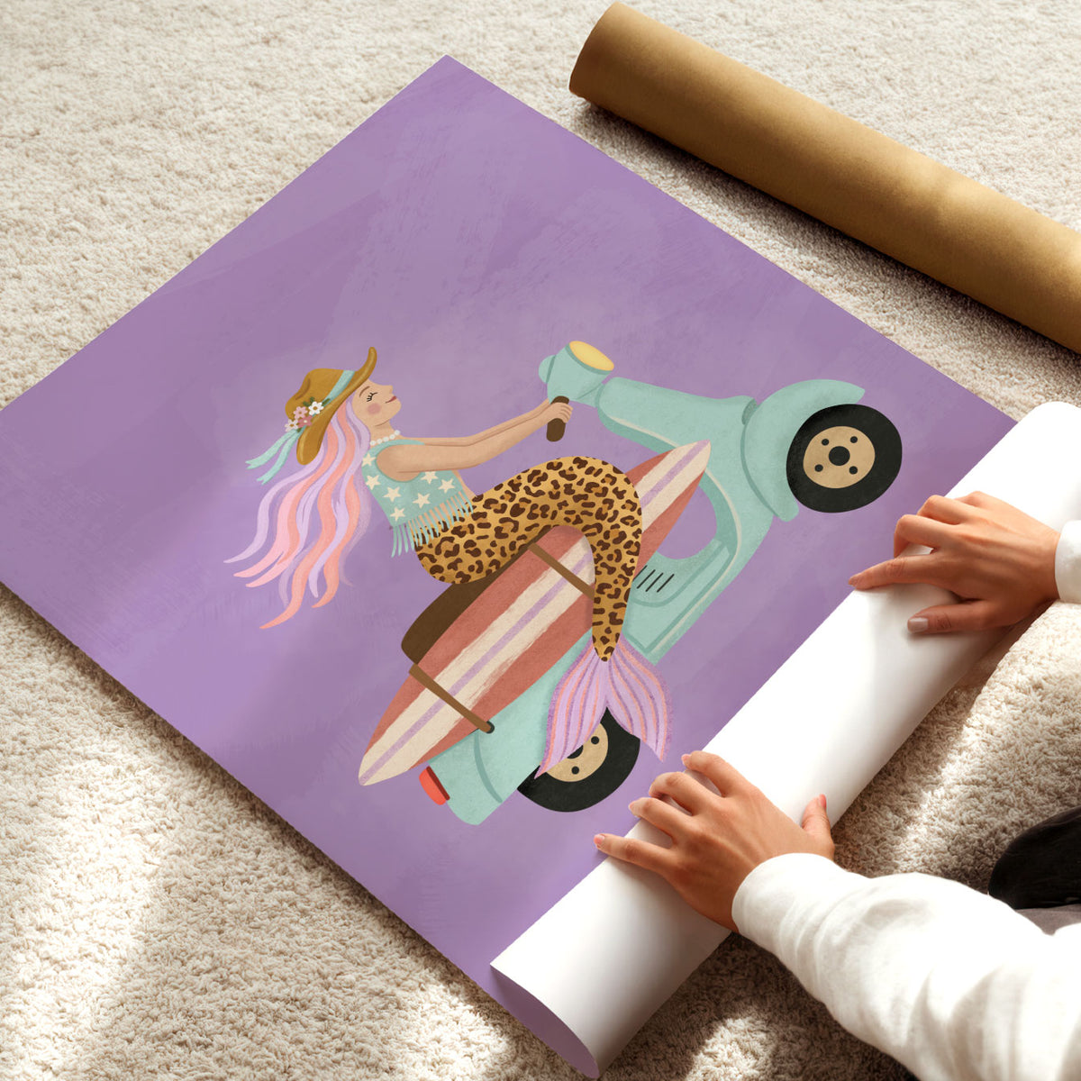 Illustrated poster of a mermaid riding a mint scooter with a surfboard on a purple background
