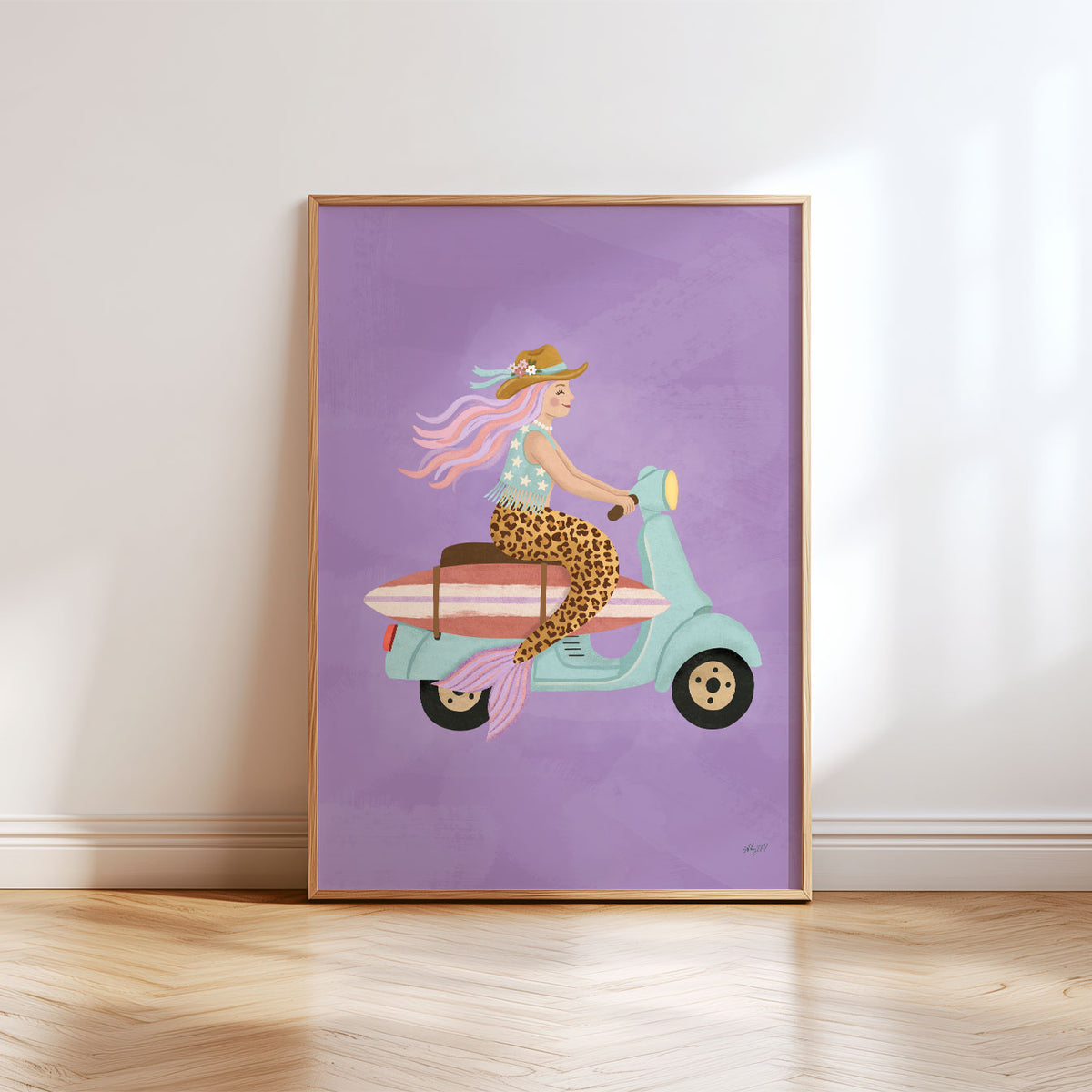 Illustrated poster of a mermaid riding a mint scooter with a surfboard on a purple background