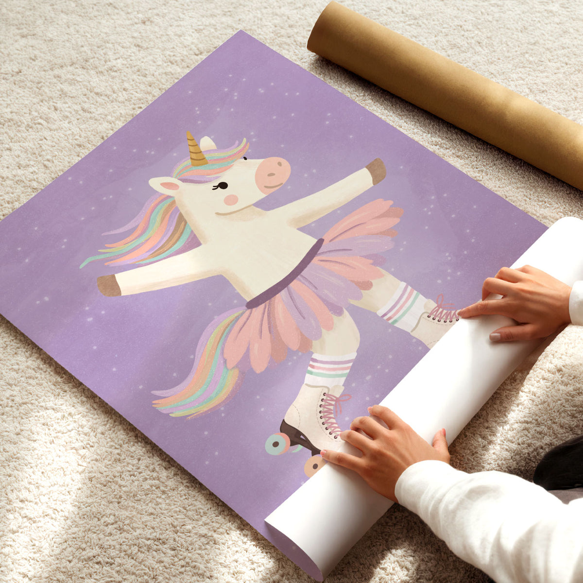 Illustrated poster of a unicorn in a tutu and roller skates gliding across a soft lilac sky