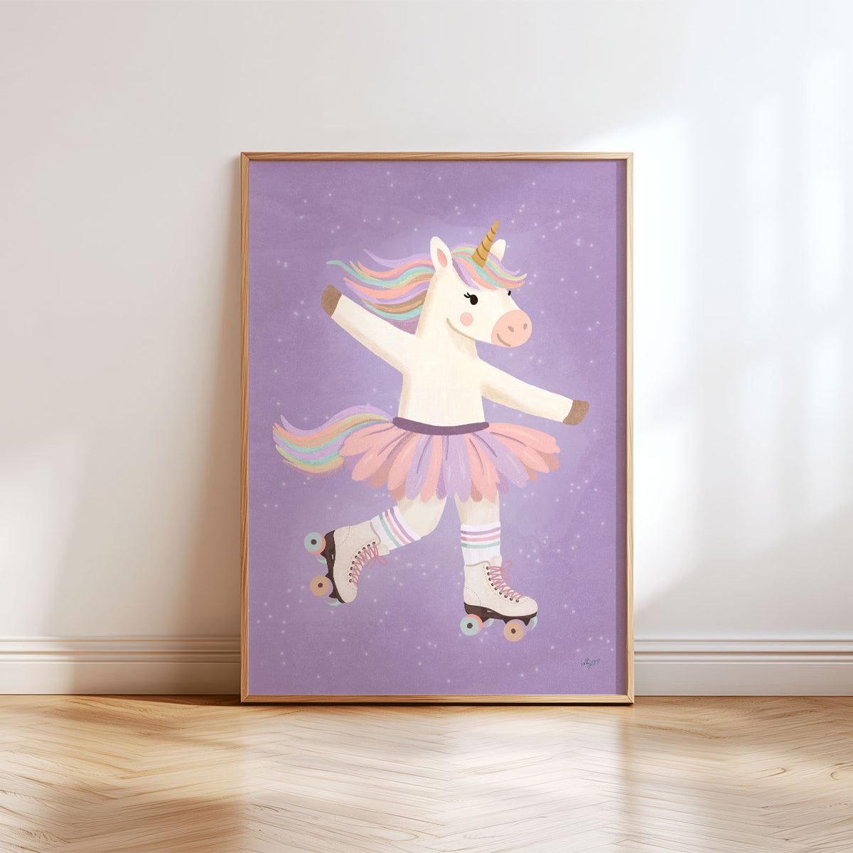 Illustrated poster of a unicorn in a tutu and roller skates gliding across a soft lilac sky