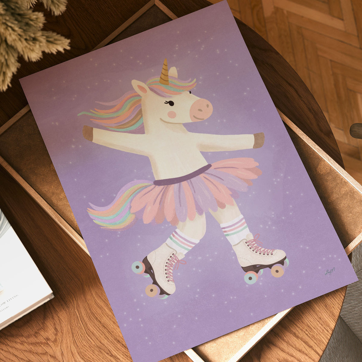 Illustrated poster of a unicorn in a tutu and roller skates gliding across a soft lilac sky