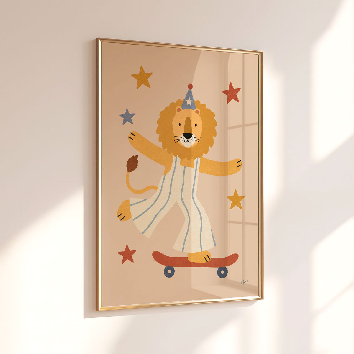 Illustrated poster of a lion in striped dungarees and a party hat riding a red skateboard