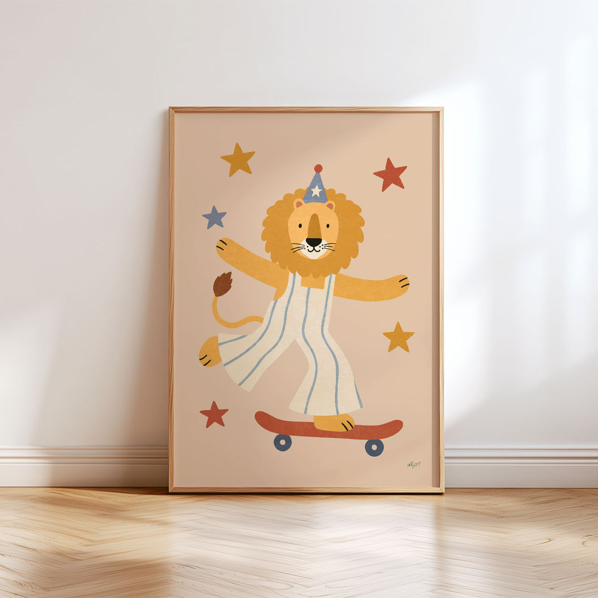 Illustrated poster of a lion in striped dungarees and a party hat riding a red skateboard