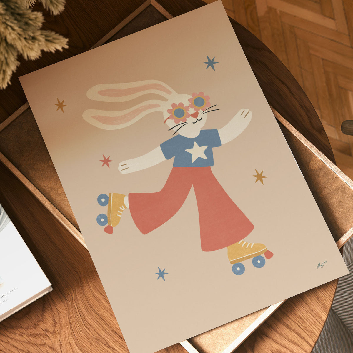 Illustrated poster of a bunny in flower sunglasses and red trousers gliding on roller skates