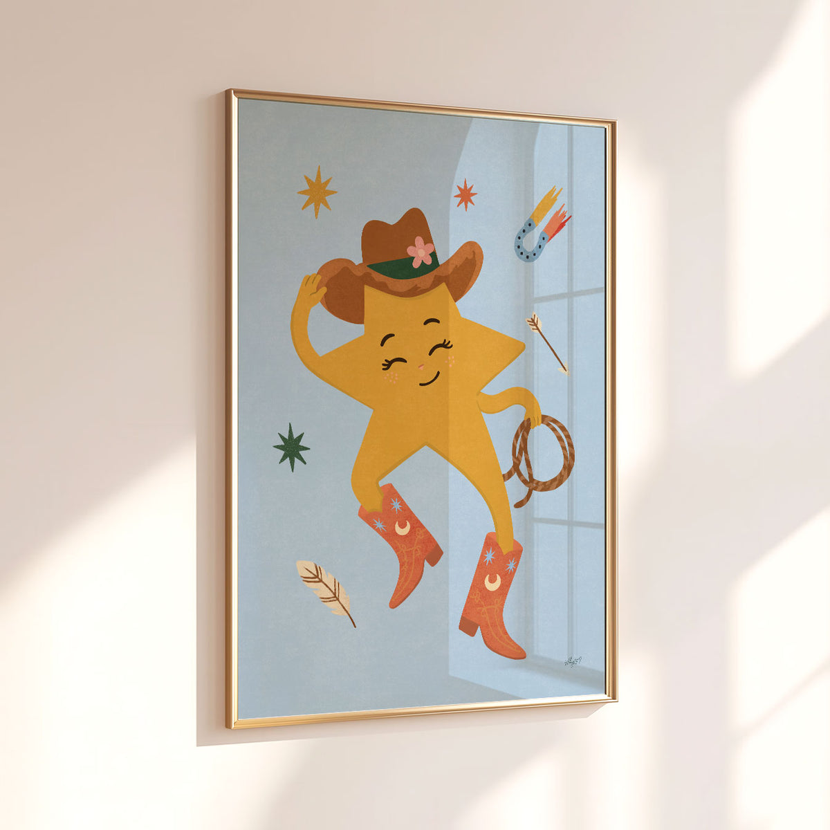 Illustrated poster of a smiling golden star in a cowboy hat and red boots holding a lasso
