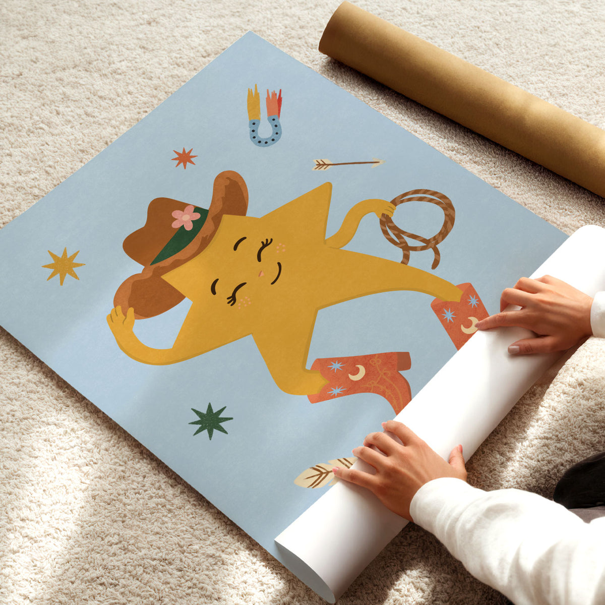 Illustrated poster of a smiling golden star in a cowboy hat and red boots holding a lasso