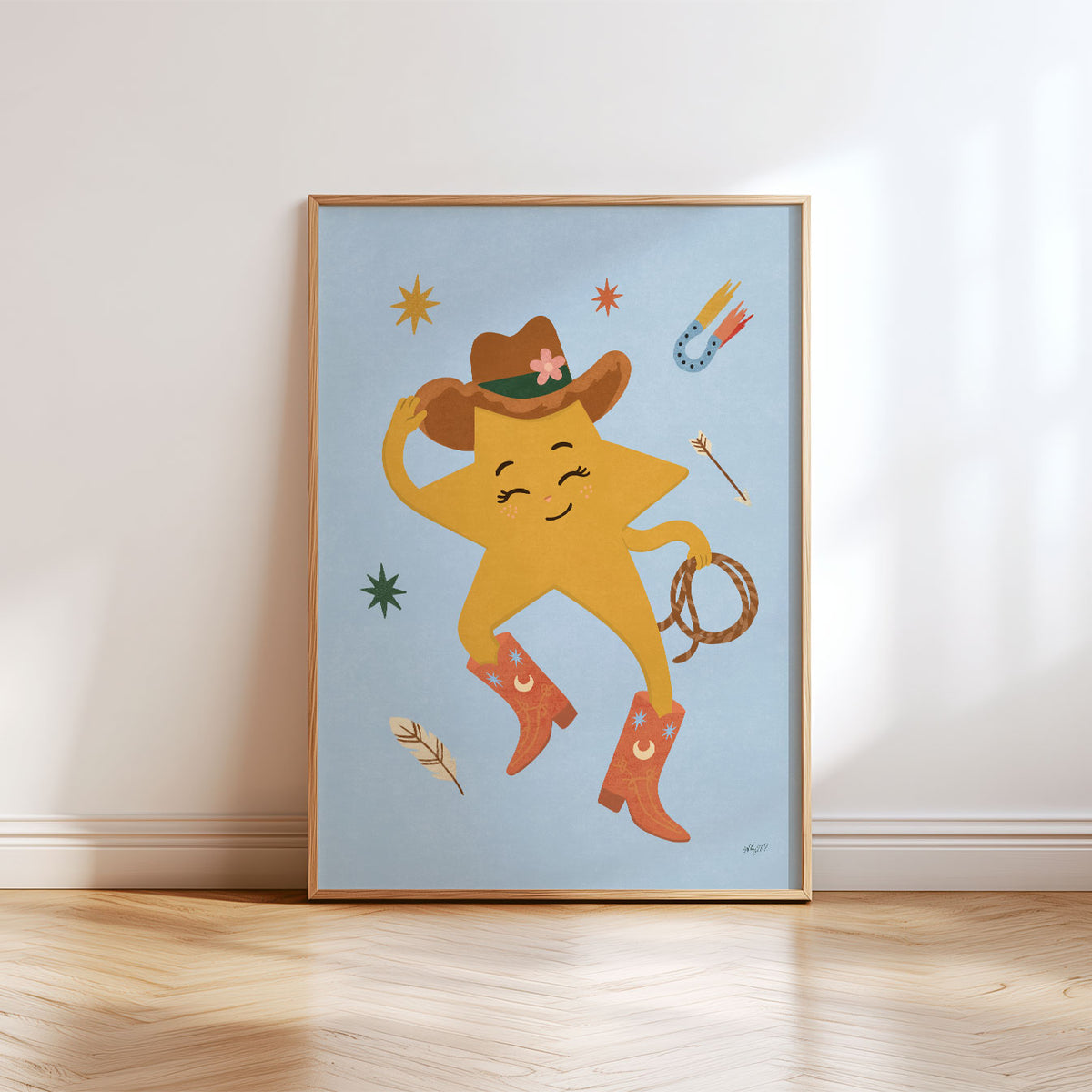 Illustrated poster of a smiling golden star in a cowboy hat and red boots holding a lasso