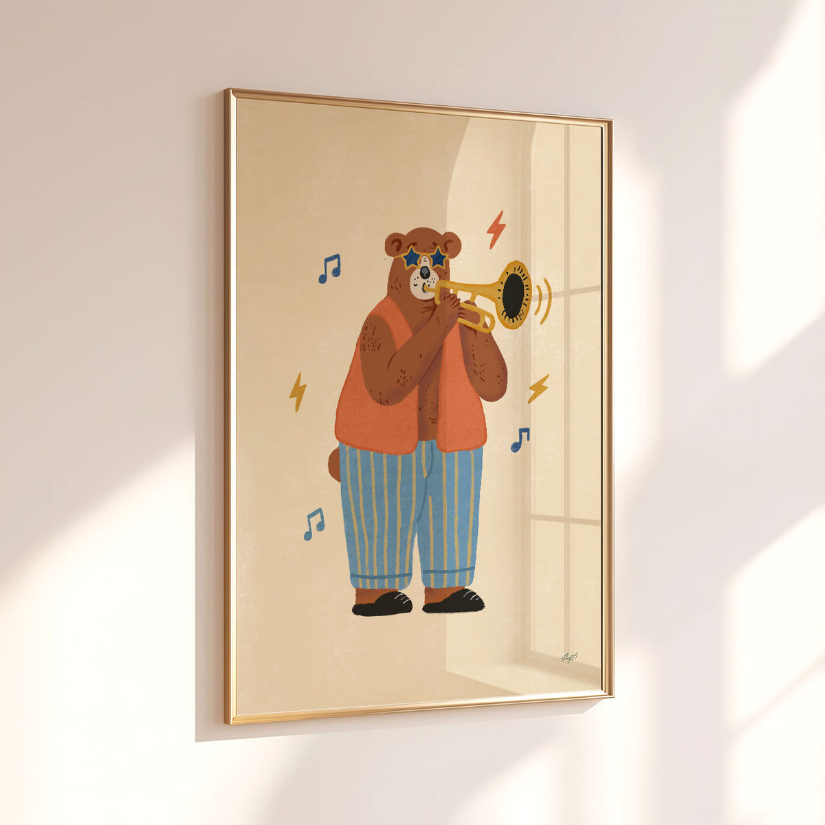 Illustrated poster of a bear in star sunglasses and striped trousers playing a golden trumpet