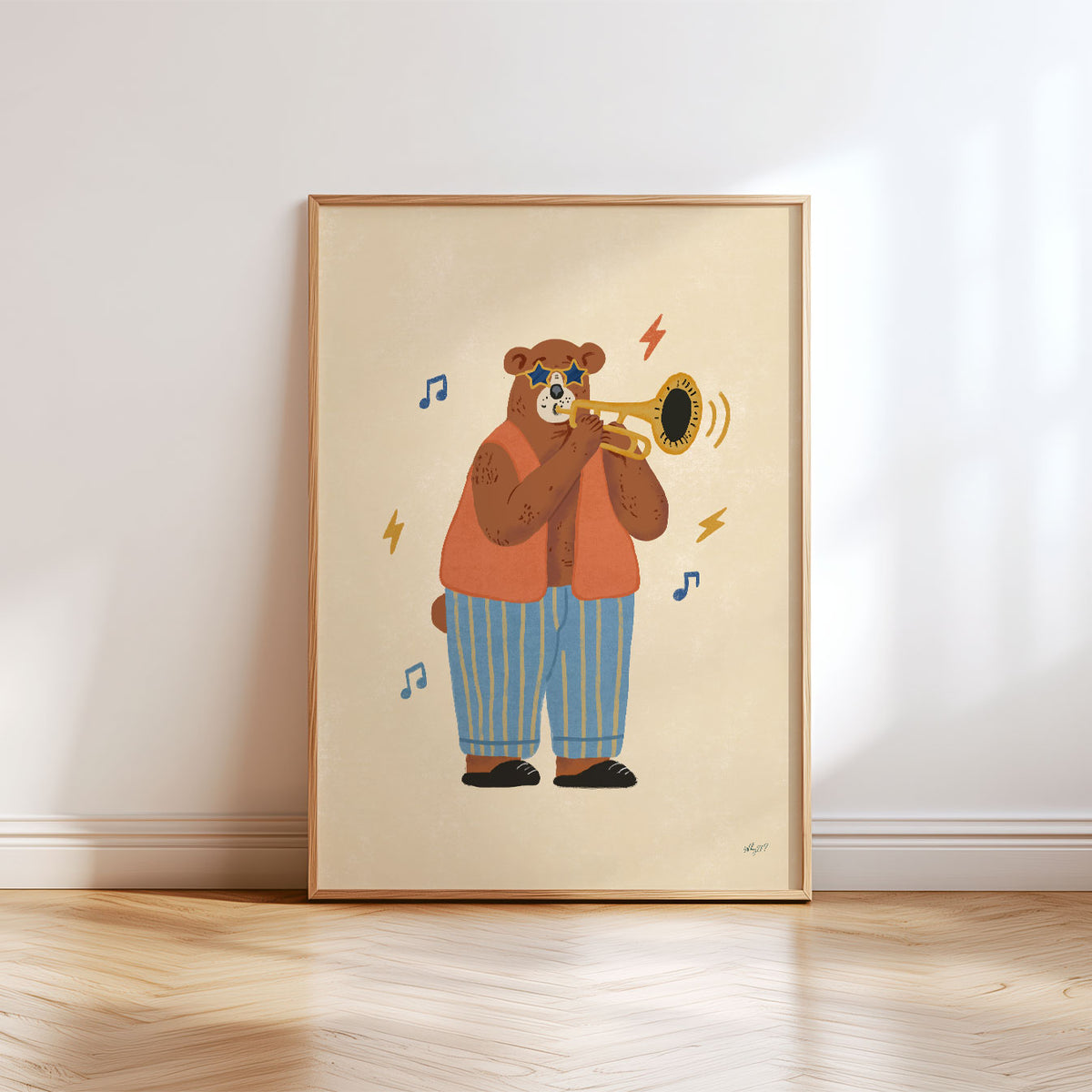 Illustrated poster of a bear in star sunglasses and striped trousers playing a golden trumpet