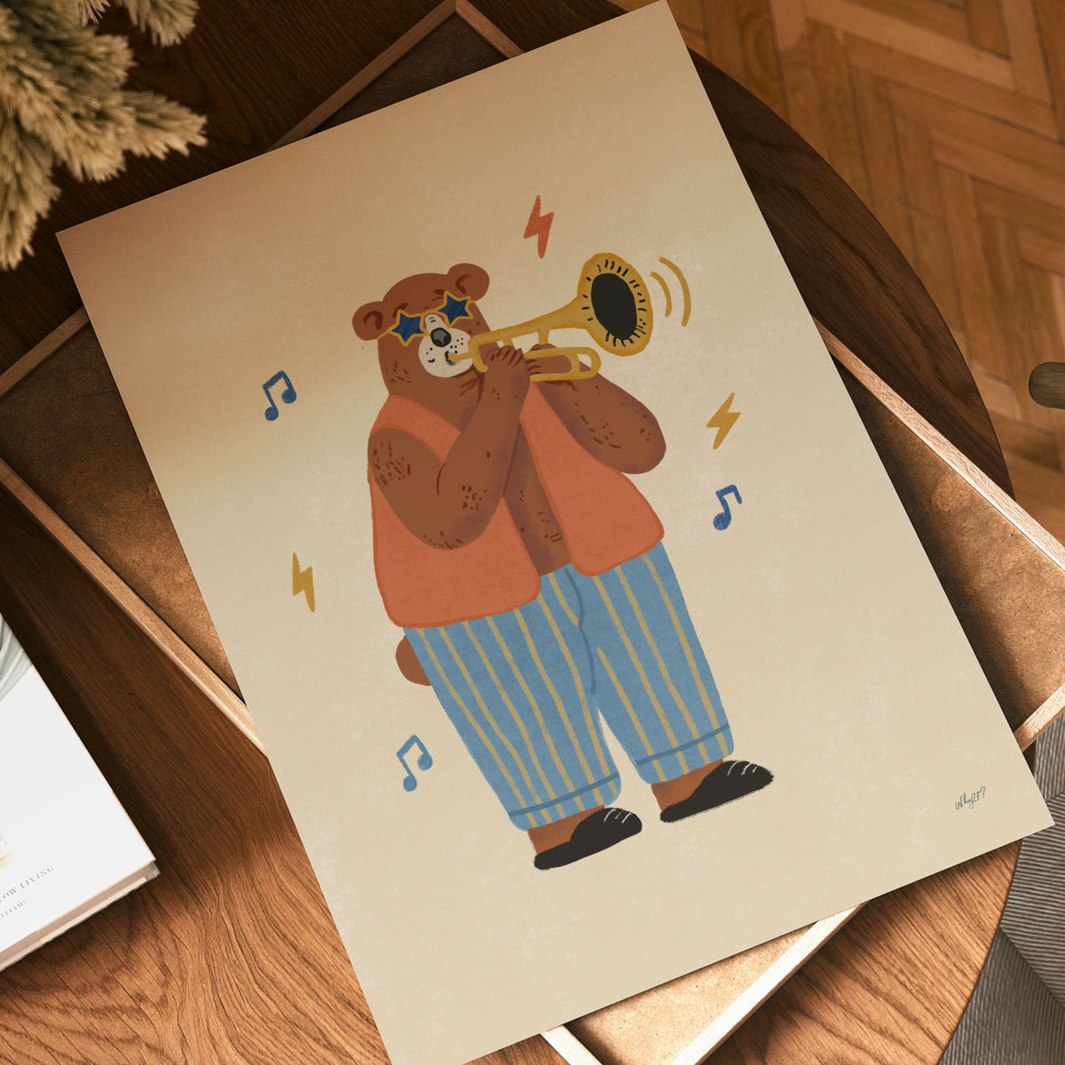 Illustrated poster of a bear in star sunglasses and striped trousers playing a golden trumpet