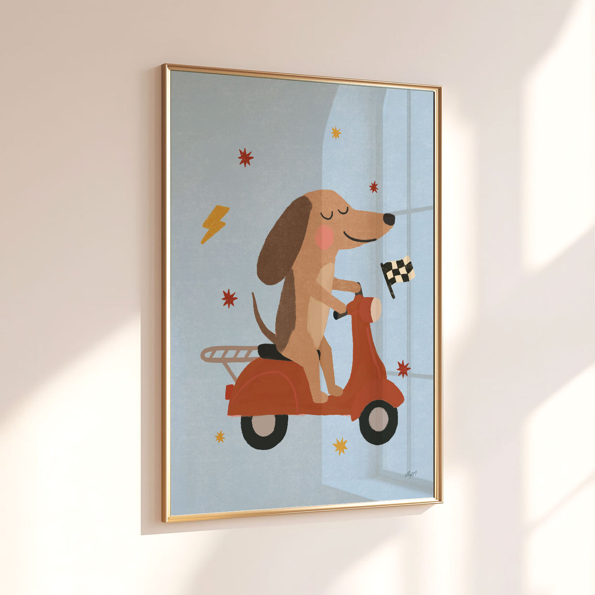 Illustrated poster of a long eared dog riding a red scooter past a checkered flag