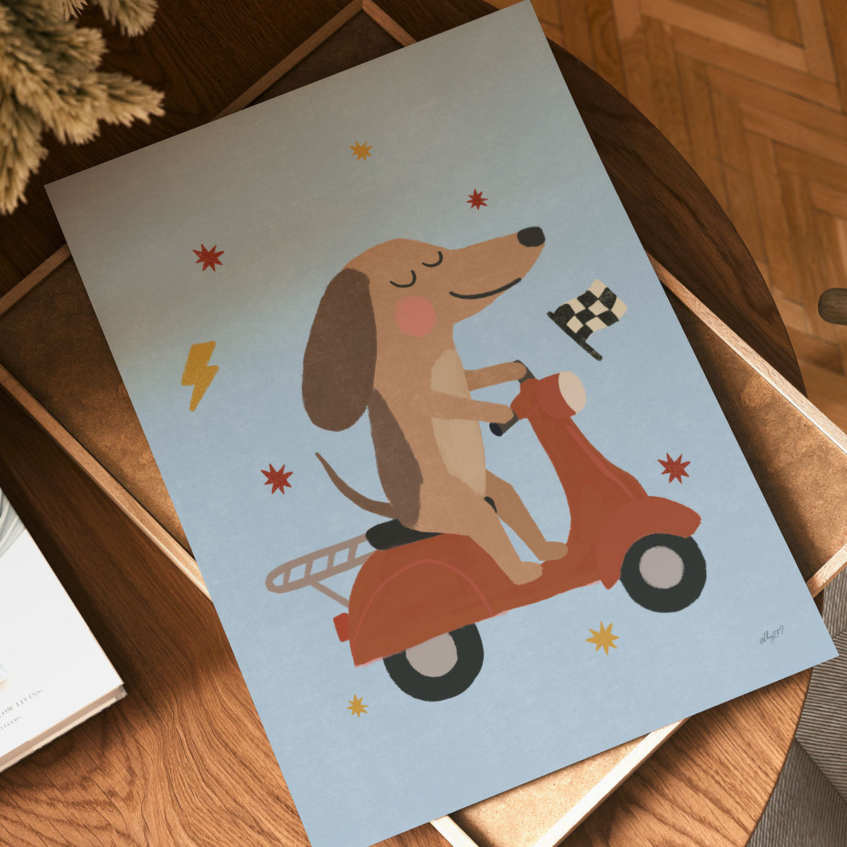 Illustrated poster of a long eared dog riding a red scooter past a checkered flag