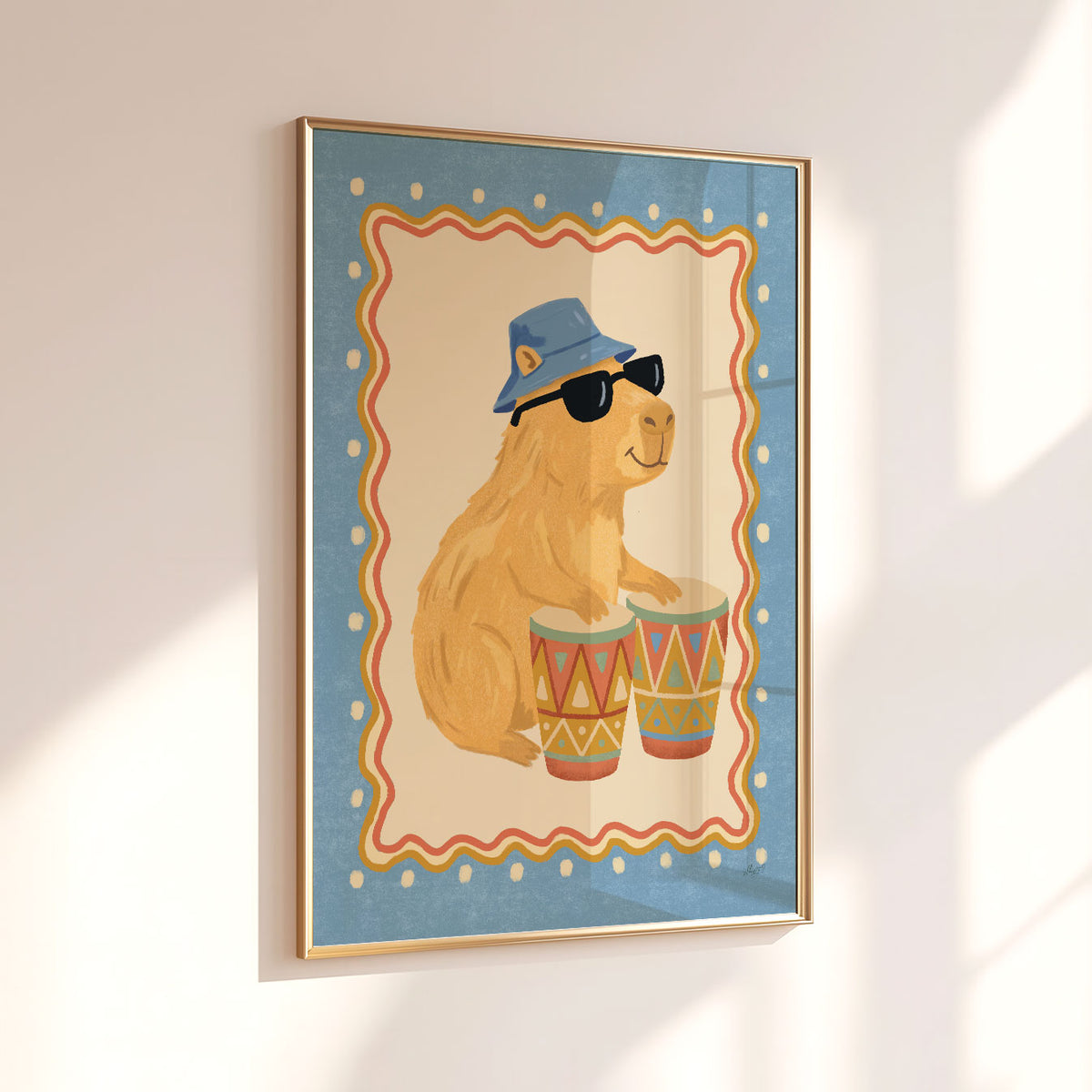 Illustrated poster of a capybara in a bucket hat and sunglasses playing bongo drums