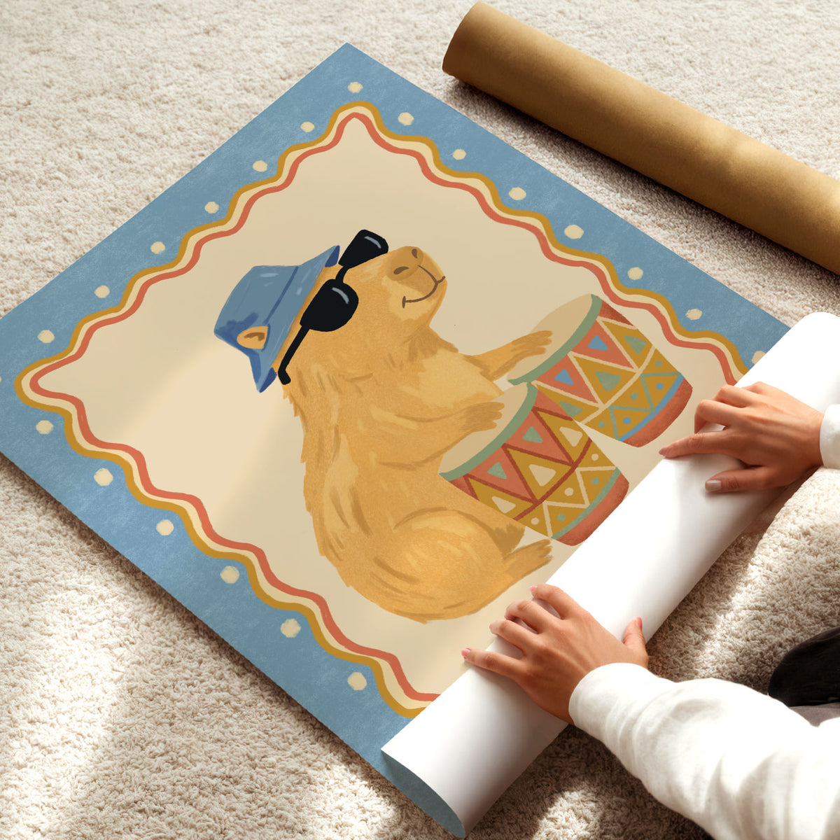 Illustrated poster of a capybara in a bucket hat and sunglasses playing bongo drums
