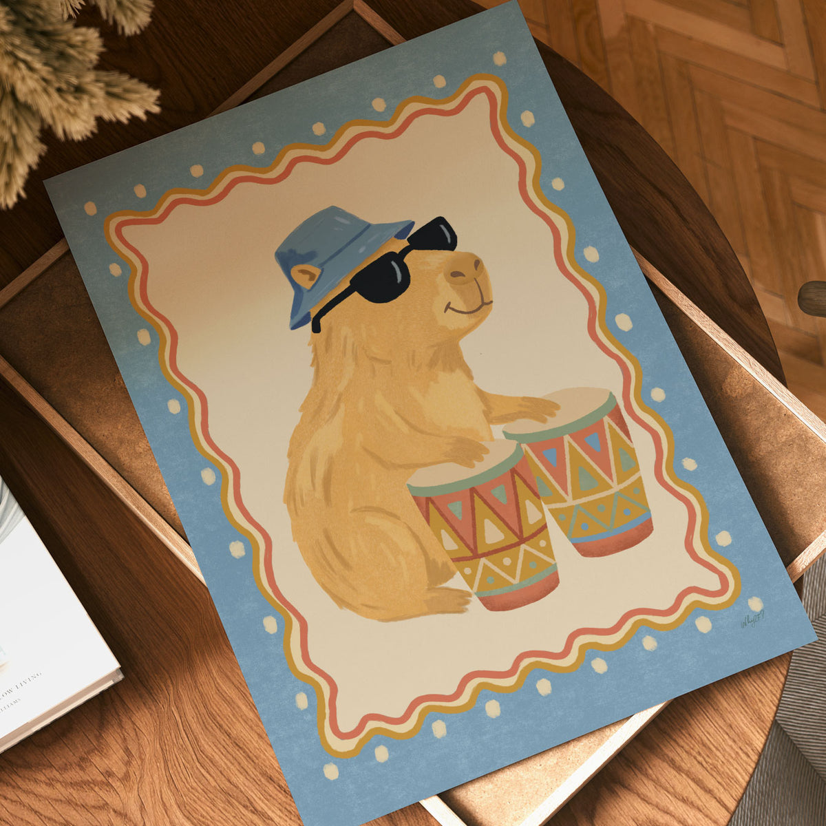 Illustrated poster of a capybara in a bucket hat and sunglasses playing bongo drums