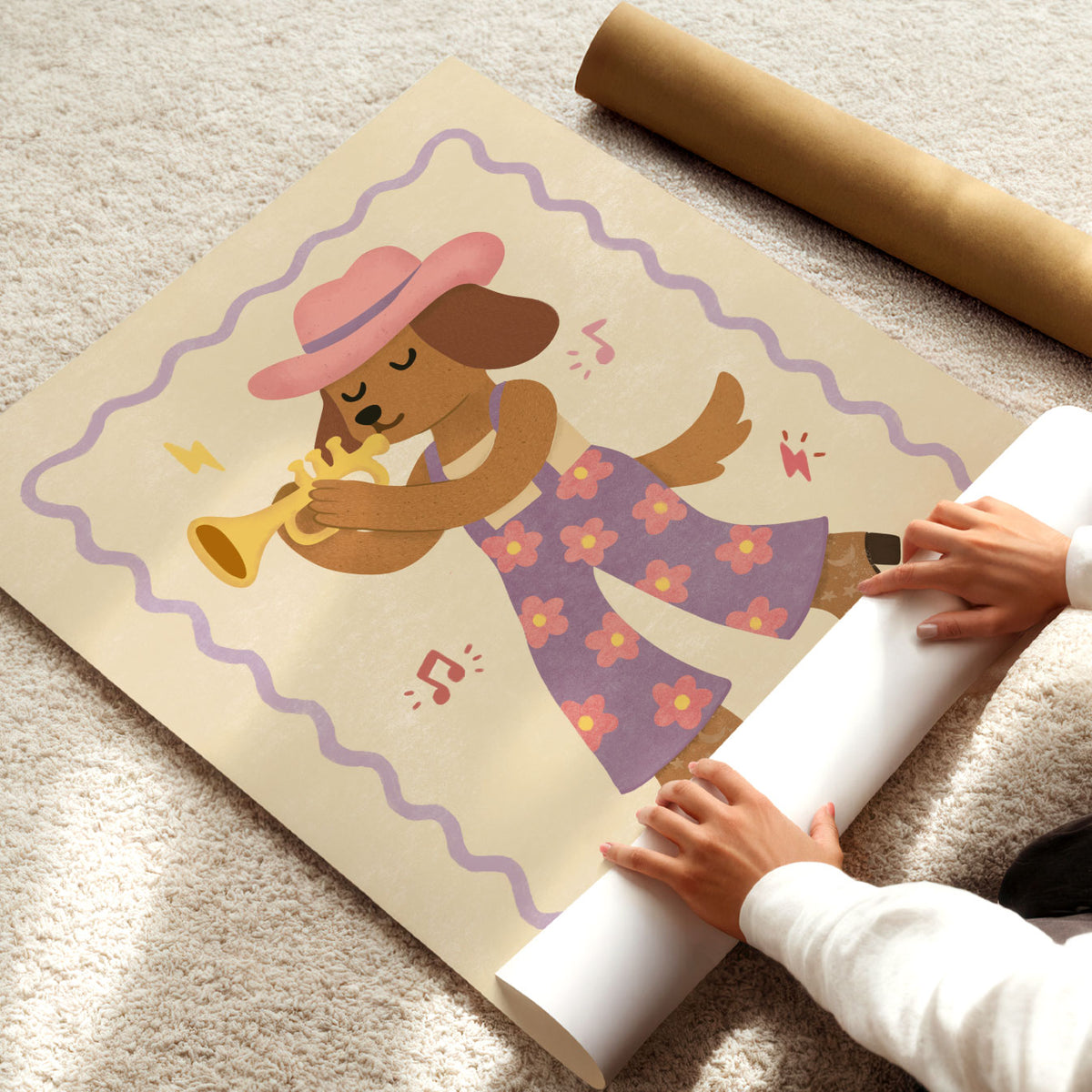 Illustrated dog in a pink cowboy hat and lilac floral overalls playing a golden trumpet on a cream background with a wavy lilac border.
