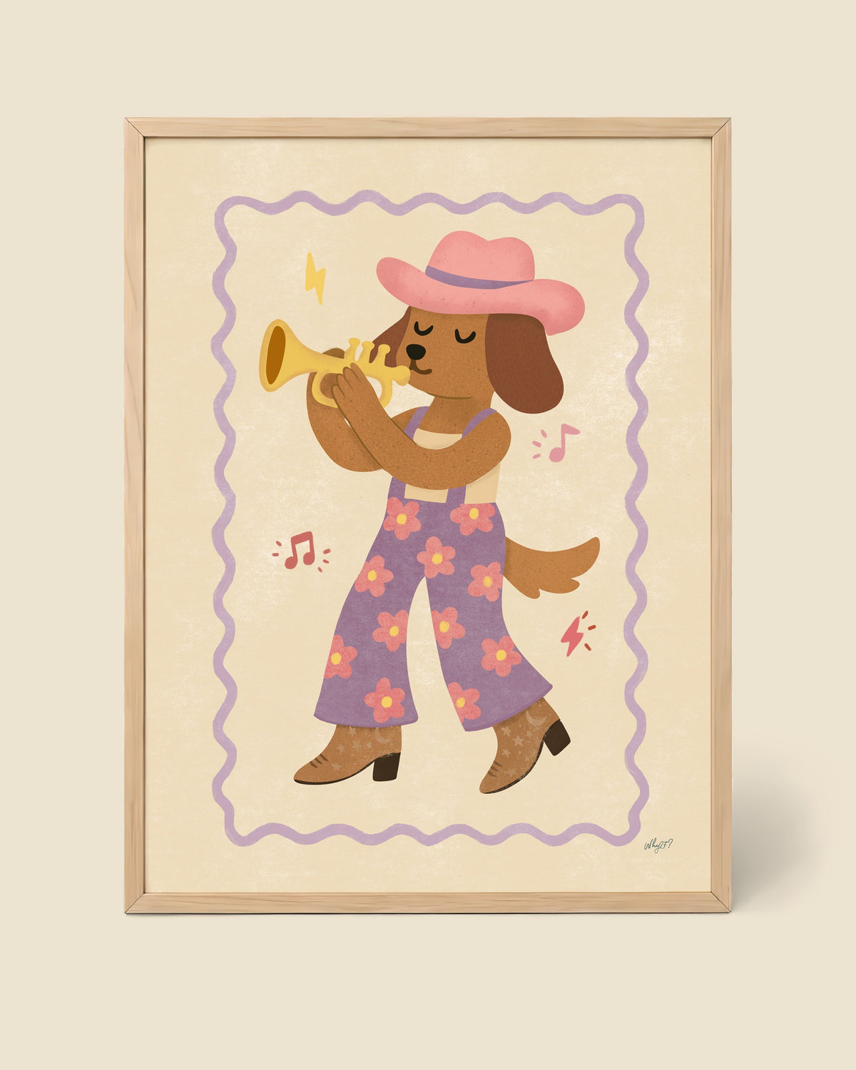 Trumpet Dog Poster - Lilac framed in a natural wood frame