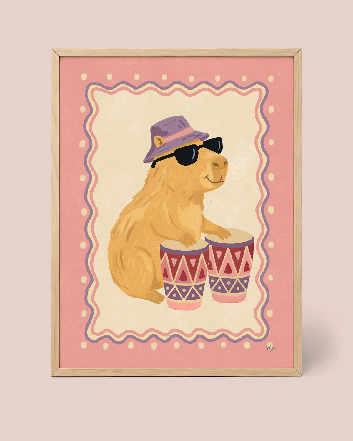 Bongo Capybara Poster - Pink framed in a natural wood frame
