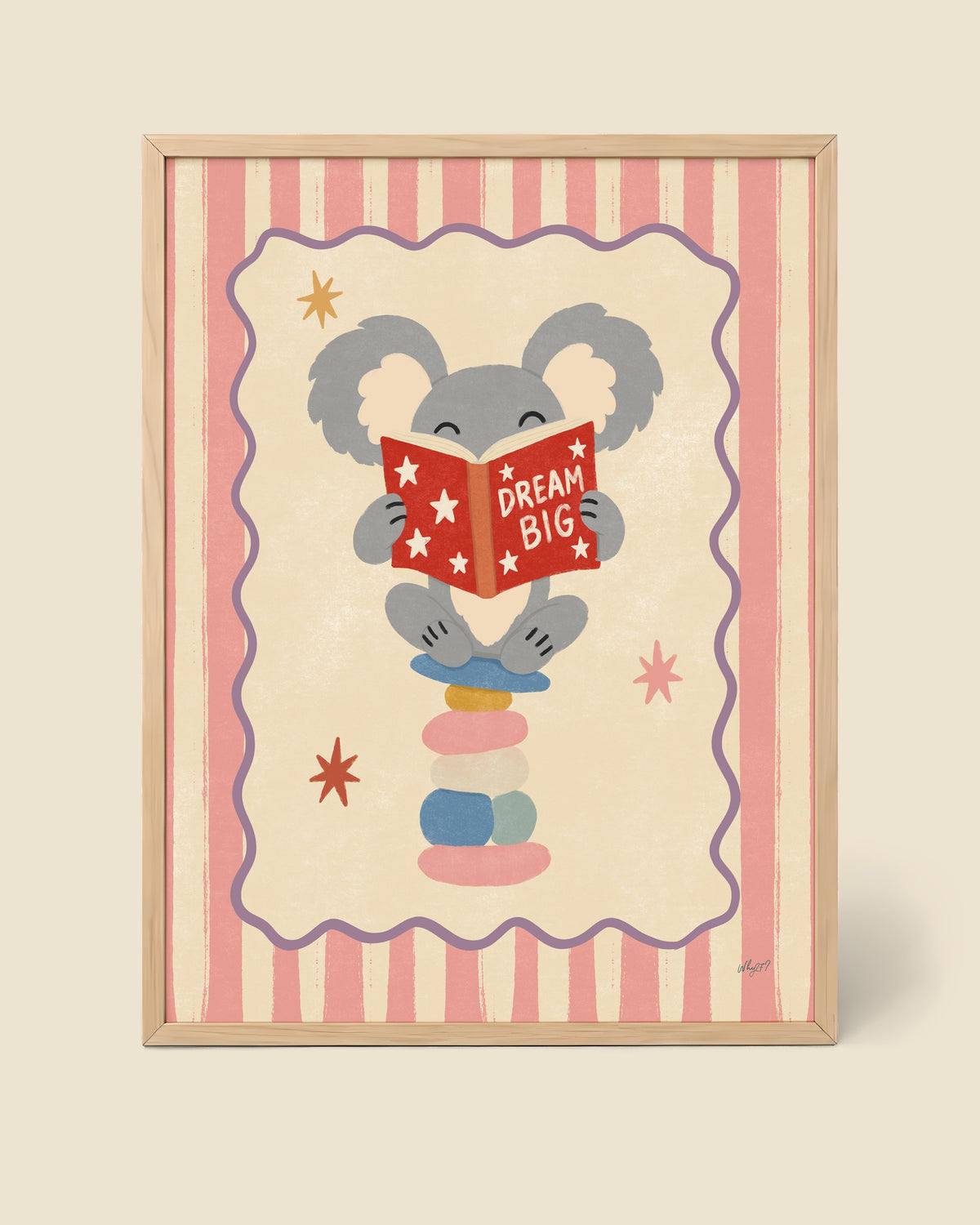 Dream Big Koala Poster - Pink framed in a natural wood frame