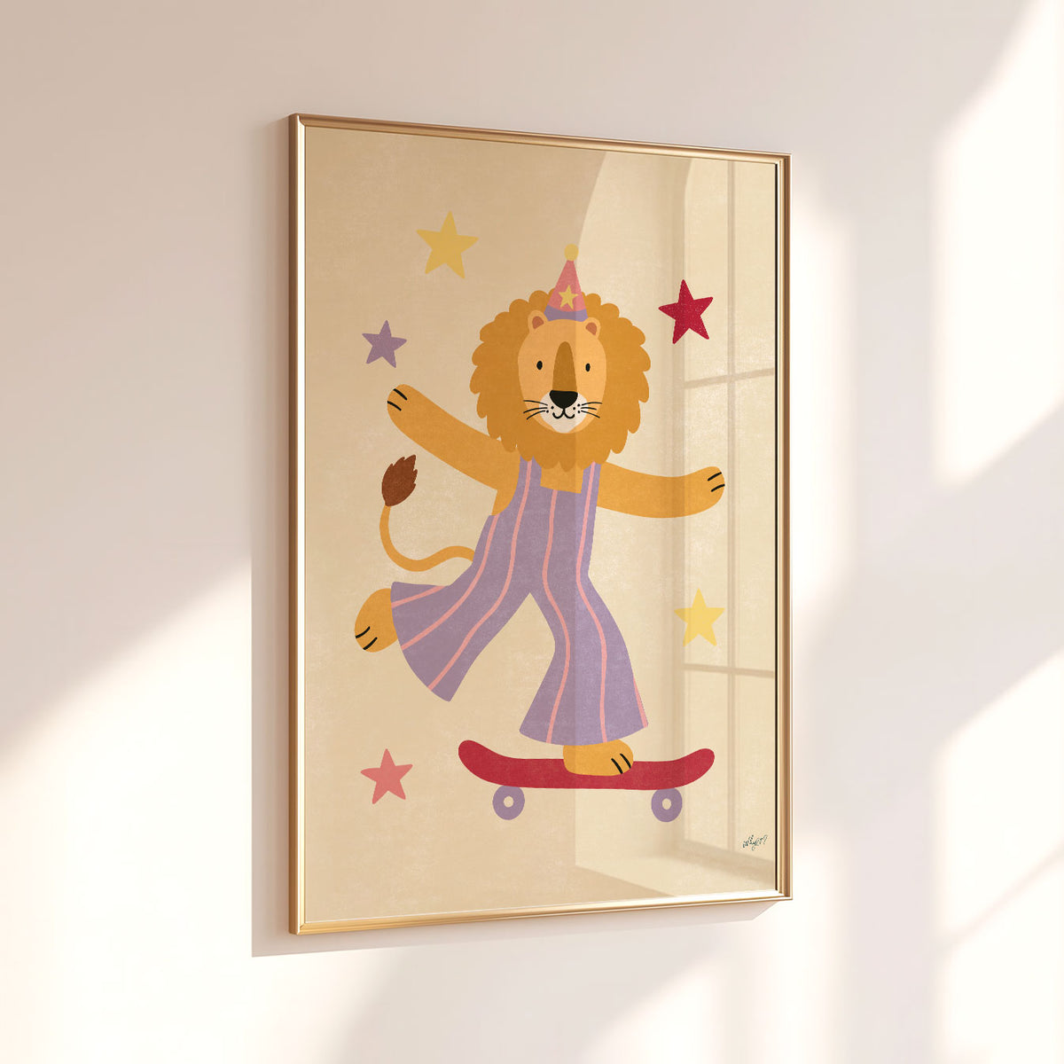 Illustrated lion wearing a party hat and lilac striped overalls riding a red skateboard surrounded by stars on a cream background.
